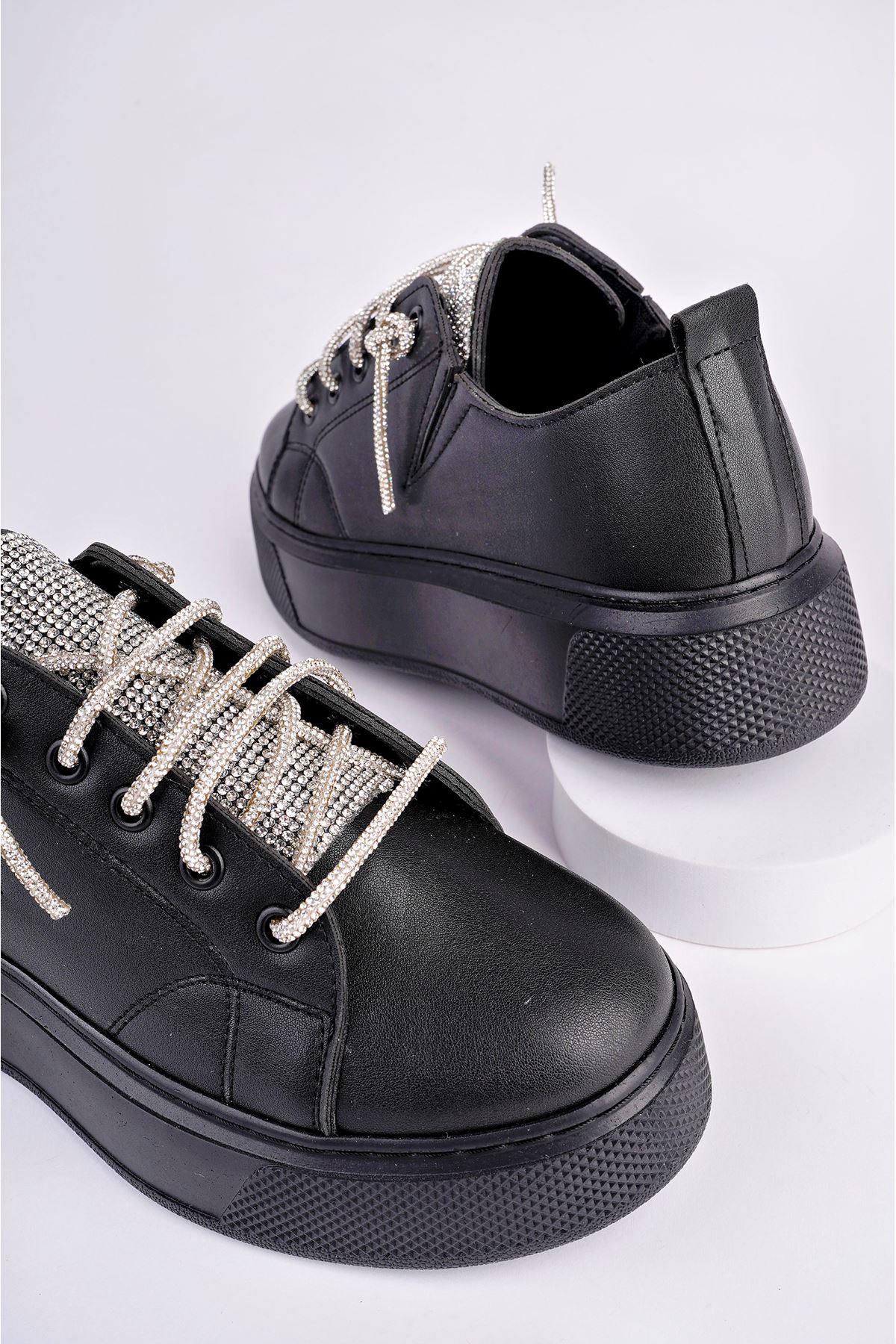 Freemax Kadın Taşlı Bağcık 4,5 cm Yüksek Hafif Taban Sneaker Spor Ayakkabı Abb.1500 SİYAH