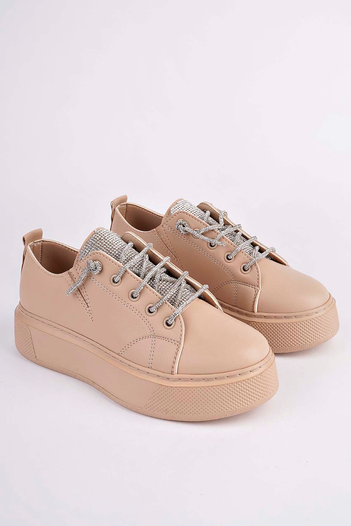 Freemax Kadın Taşlı Bağcık 4,5 cm Yüksek Hafif Taban Sneaker Spor Ayakkabı Abb.1500 Nut