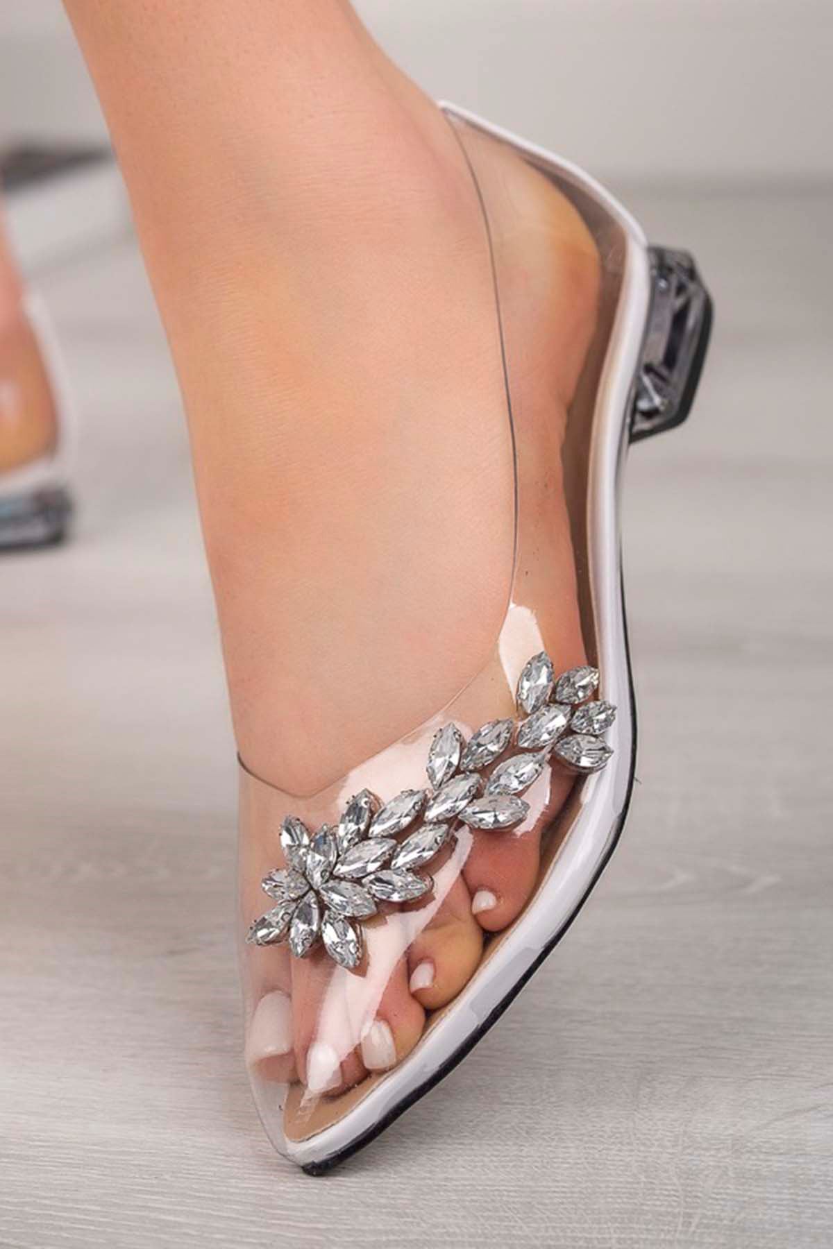 Freemax Kadın Garantili Taşlı Şeffaf Fantazi Topuk Babet Günlük Ayakkabı Abb TB7000 Beyaz