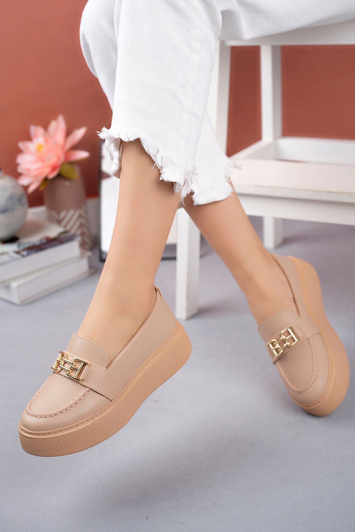 Freemax Kadın Yüksek Poli Taban Metal Toka Günlük Oxford Ayakkabı Abb.533 Nut