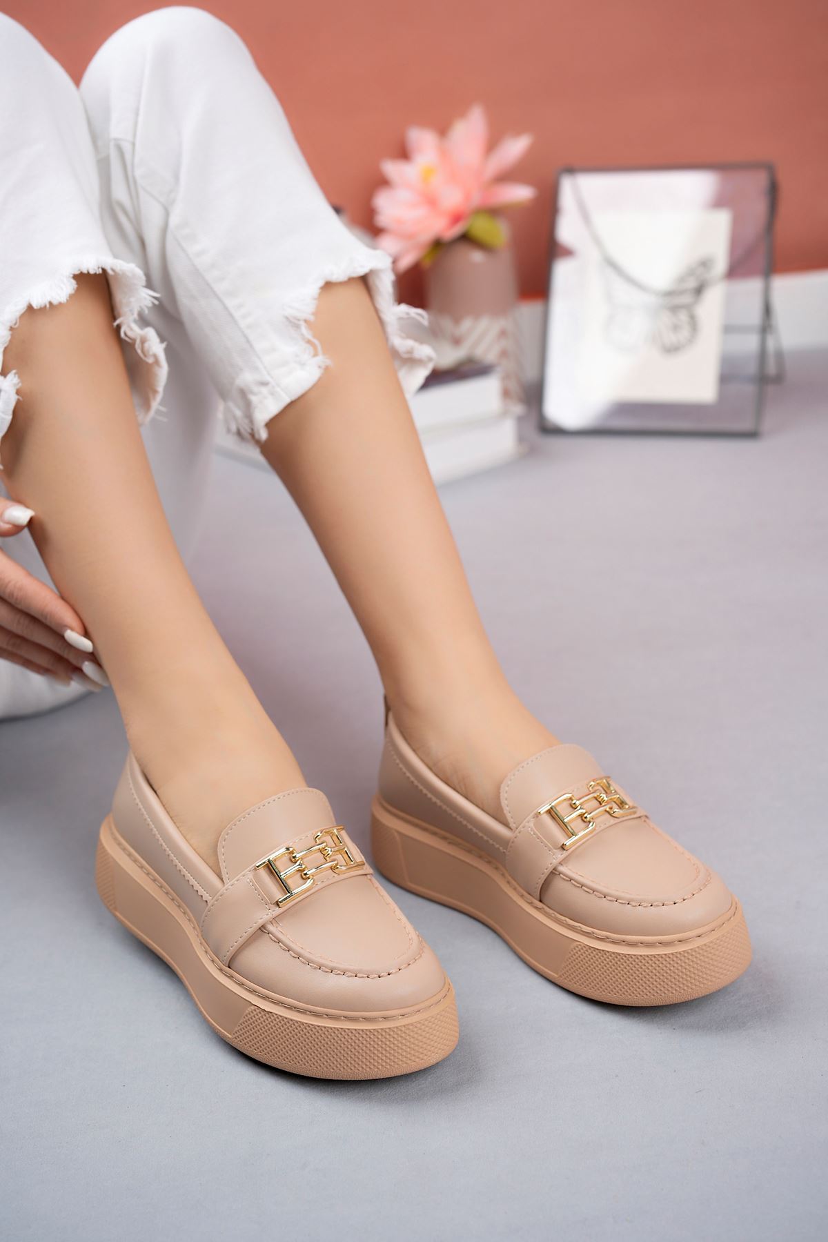 Freemax Kadın Yüksek Poli Taban Metal Toka Günlük Oxford Ayakkabı Abb.533 Nut