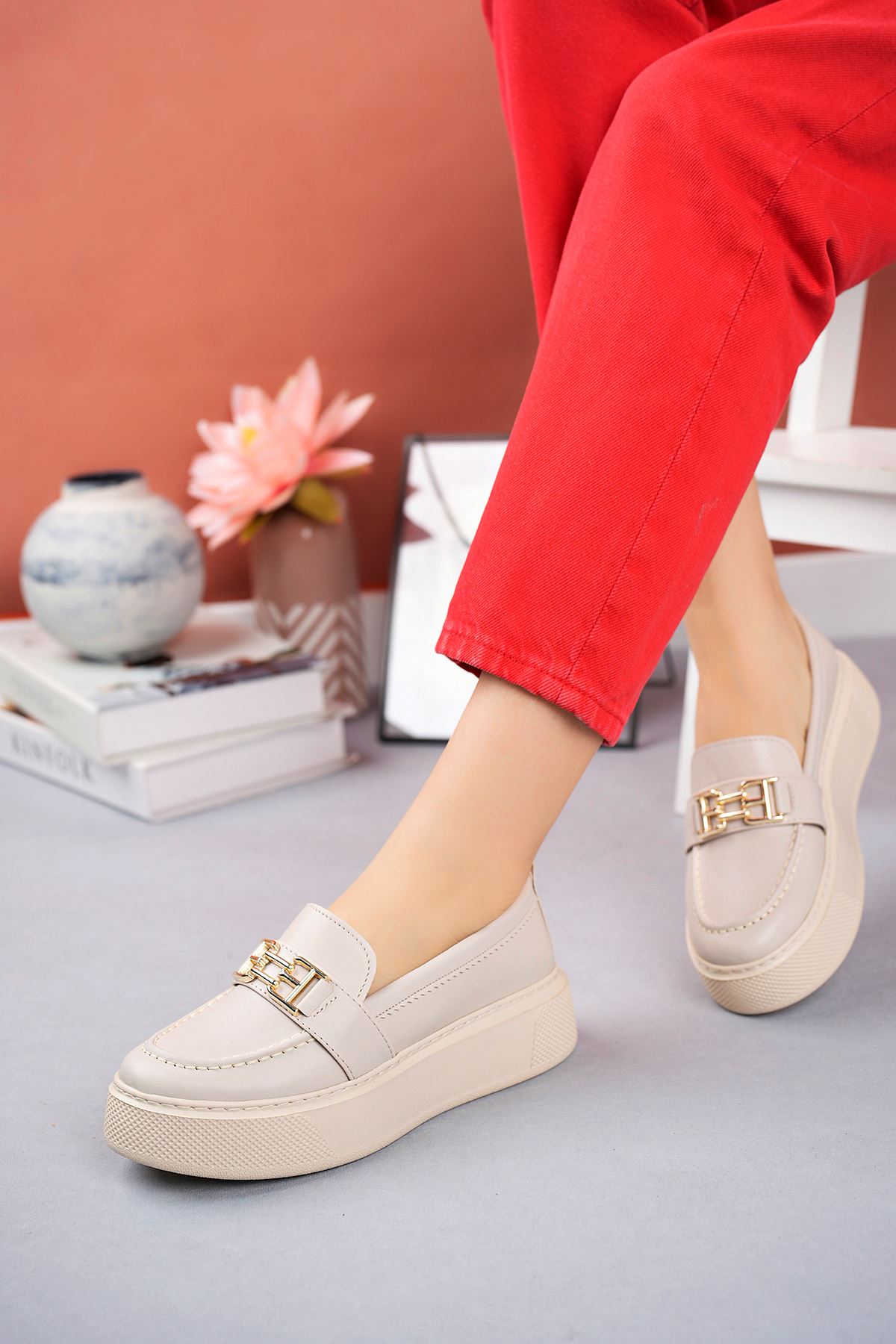 Freemax Kadın Yüksek Poli Taban Metal Toka Günlük Oxford Ayakkabı Abb.533 Ten