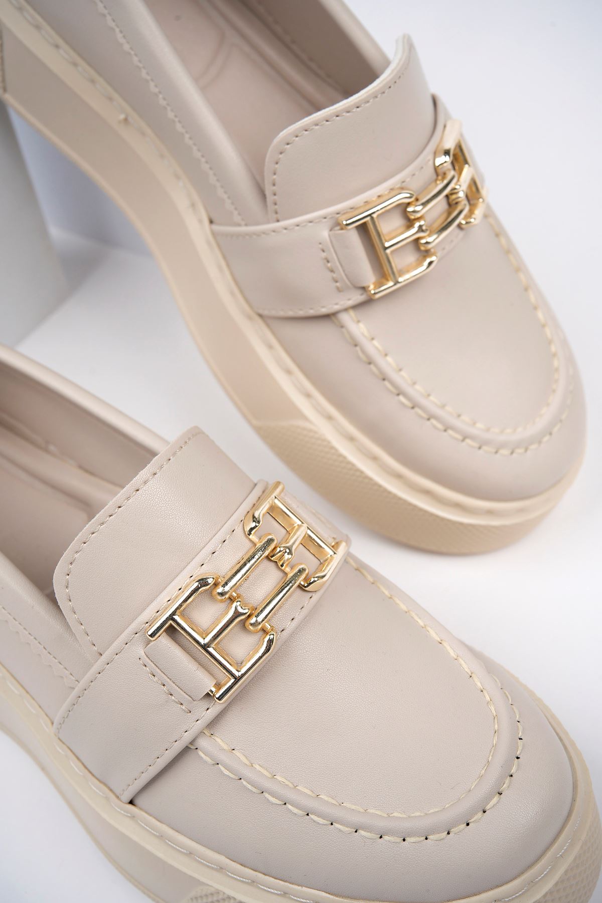 Freemax Kadın Yüksek Poli Taban Metal Toka Günlük Oxford Ayakkabı Abb.533 Ten