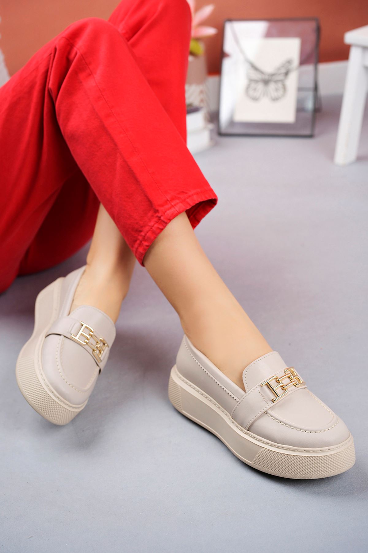 Freemax Kadın Yüksek Poli Taban Metal Toka Günlük Oxford Ayakkabı Abb.533 Ten