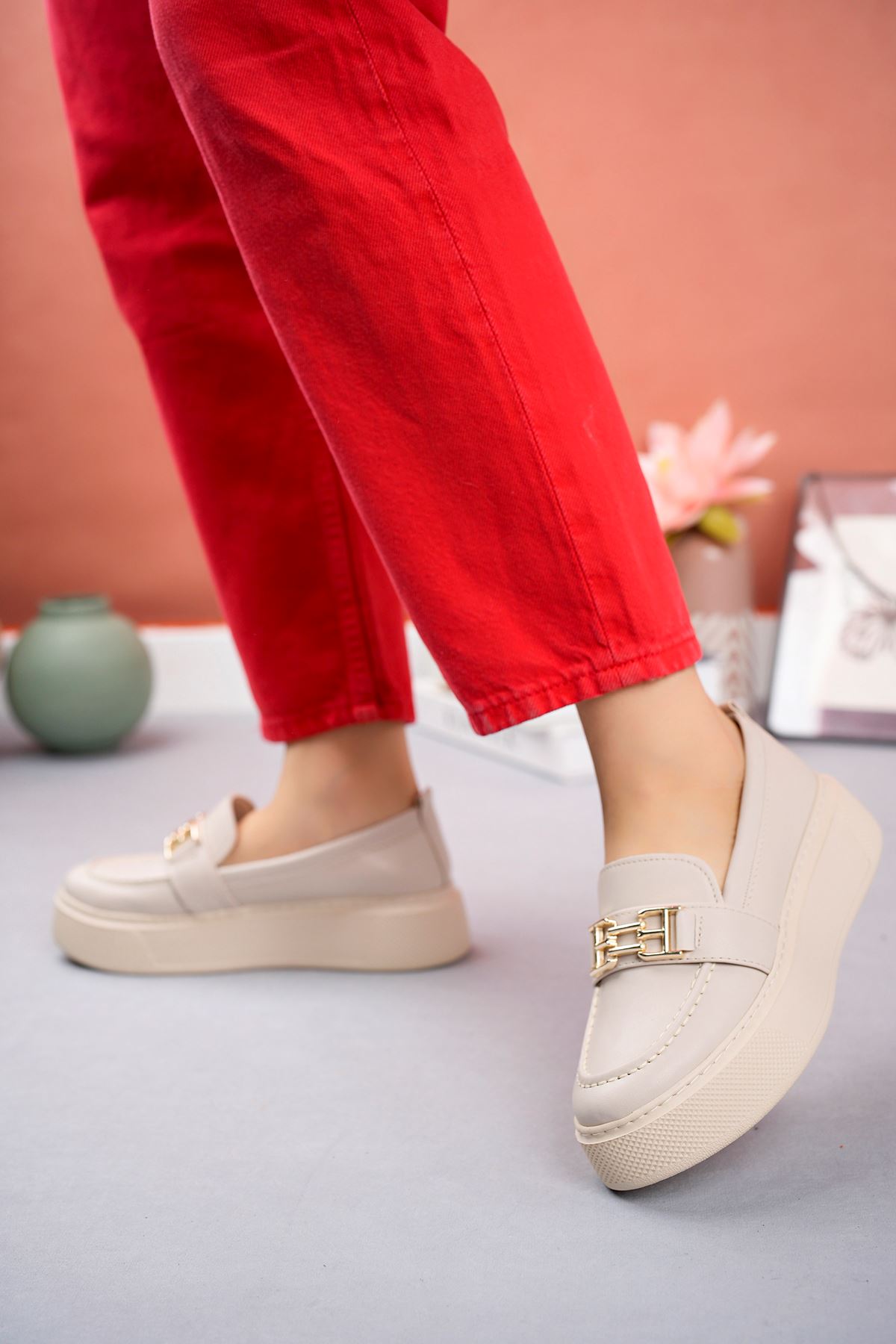 Freemax Kadın Yüksek Poli Taban Metal Toka Günlük Oxford Ayakkabı Abb.533 Ten