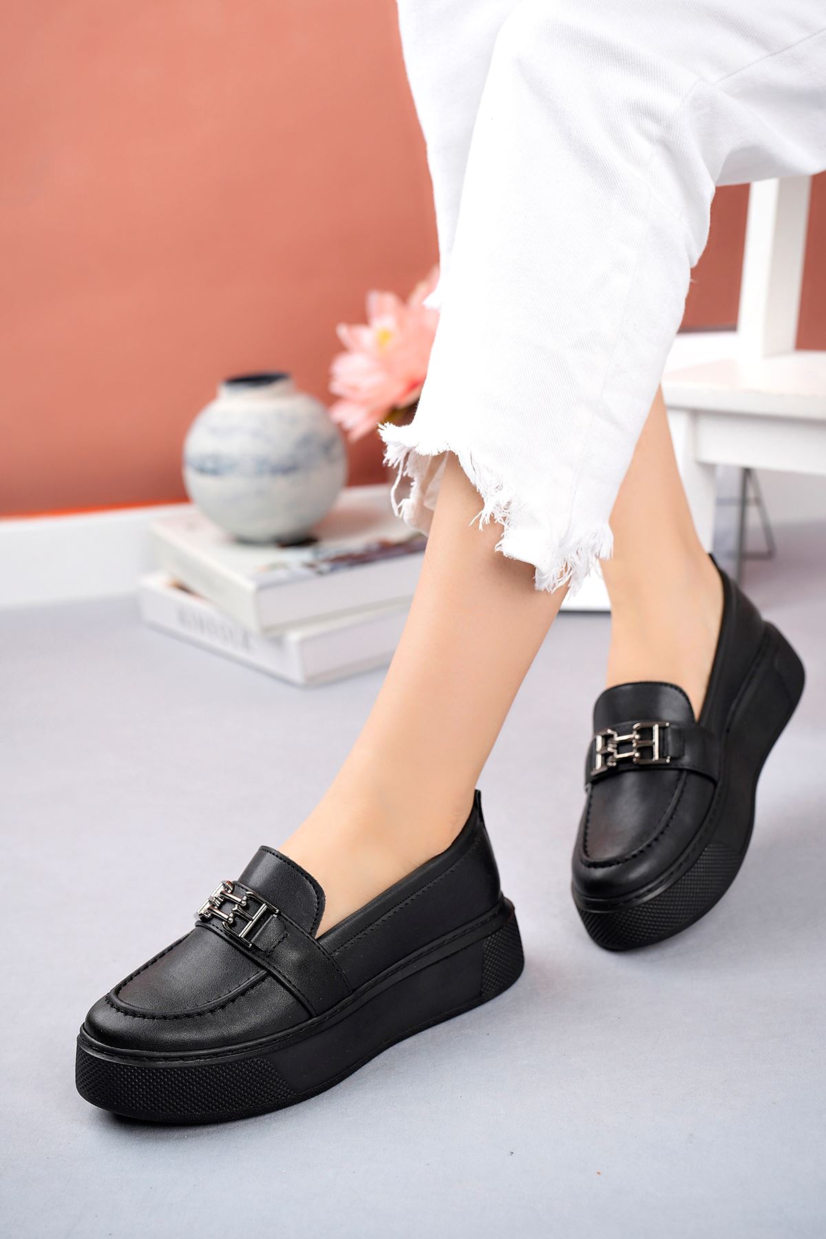 Freemax Kadın Yüksek Poli Taban Metal Toka Günlük Oxford Ayakkabı Abb.533 Siyah