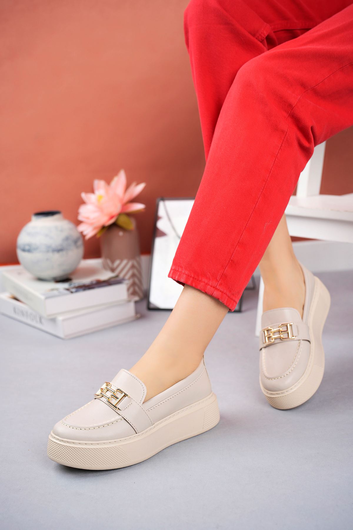 Freemax Kadın Yüksek Poli Taban Metal Toka Günlük Oxford Ayakkabı Abb.533 Ten