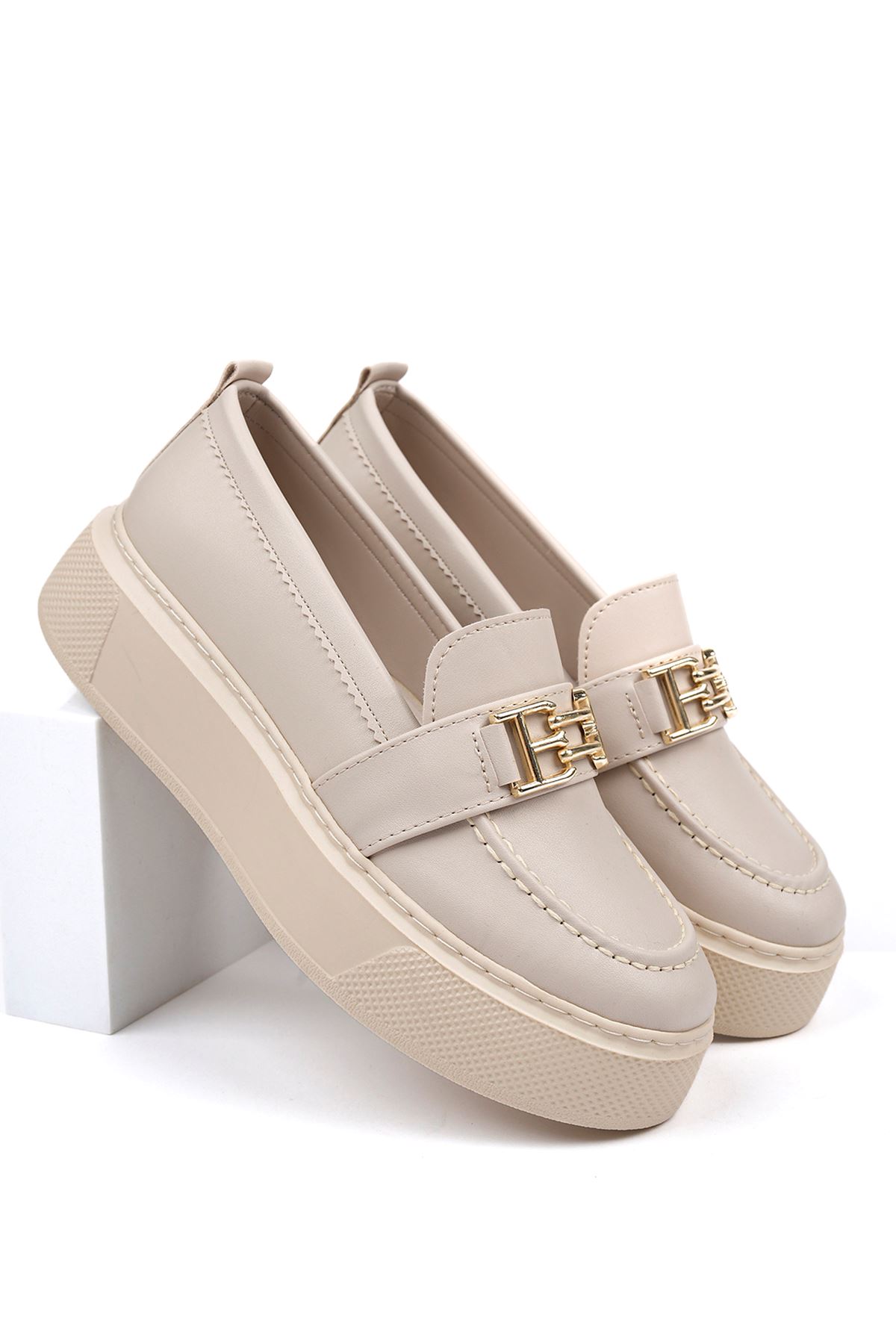 Freemax Kadın Yüksek Poli Taban Metal Toka Günlük Oxford Ayakkabı Abb.533 Ten