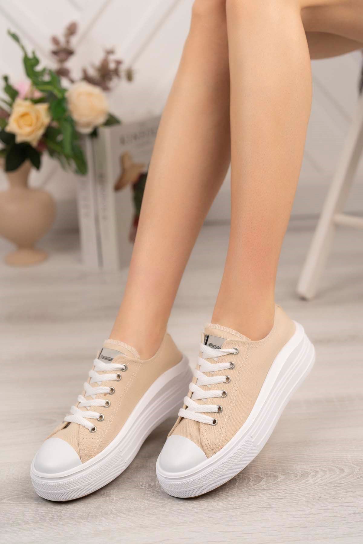 Freemax Kadın Keten Hafif Esnek Yumuşak Taban Spor Sneaker Ayakkabı Freemax 4300 Bej