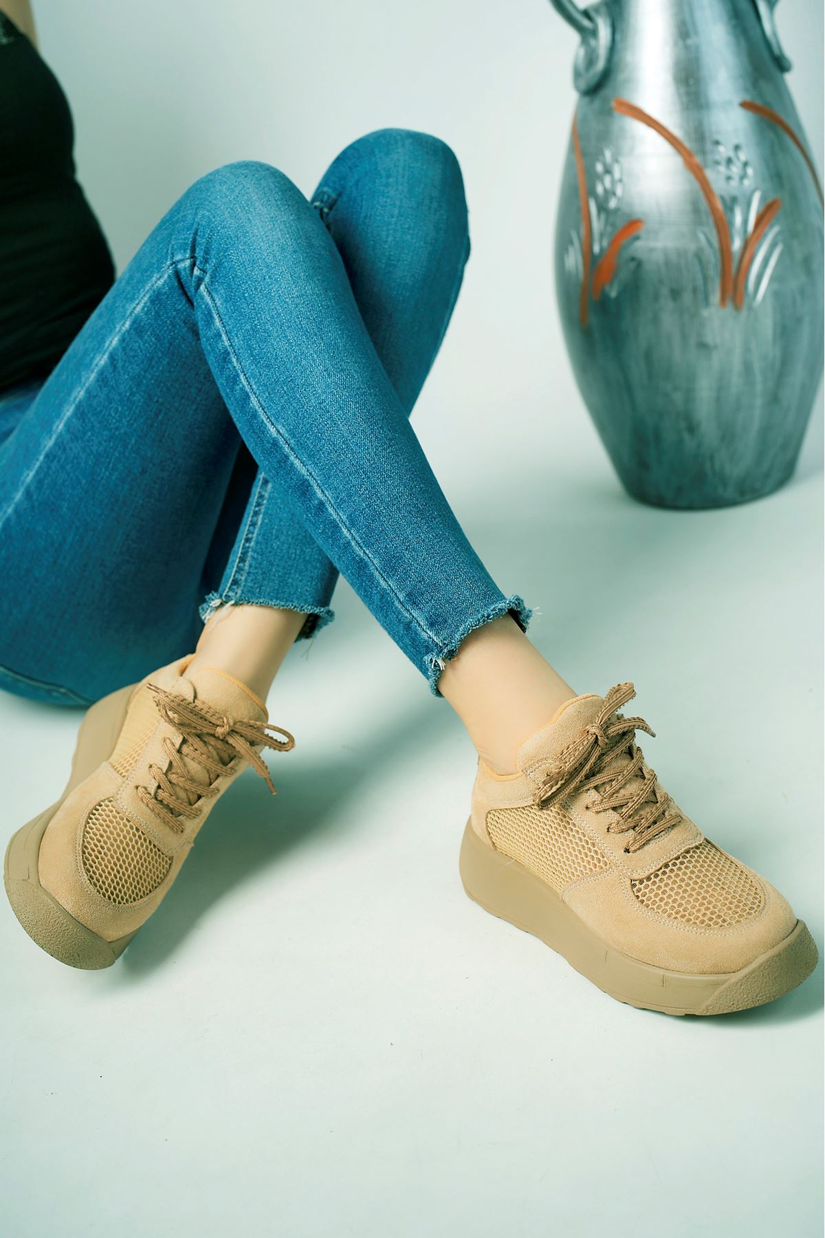 Freemax Kadın  Yazlık Fileli Spor Sneaker Yürüyüş Hafif Rahat Ayakkabı H30 CAMEL