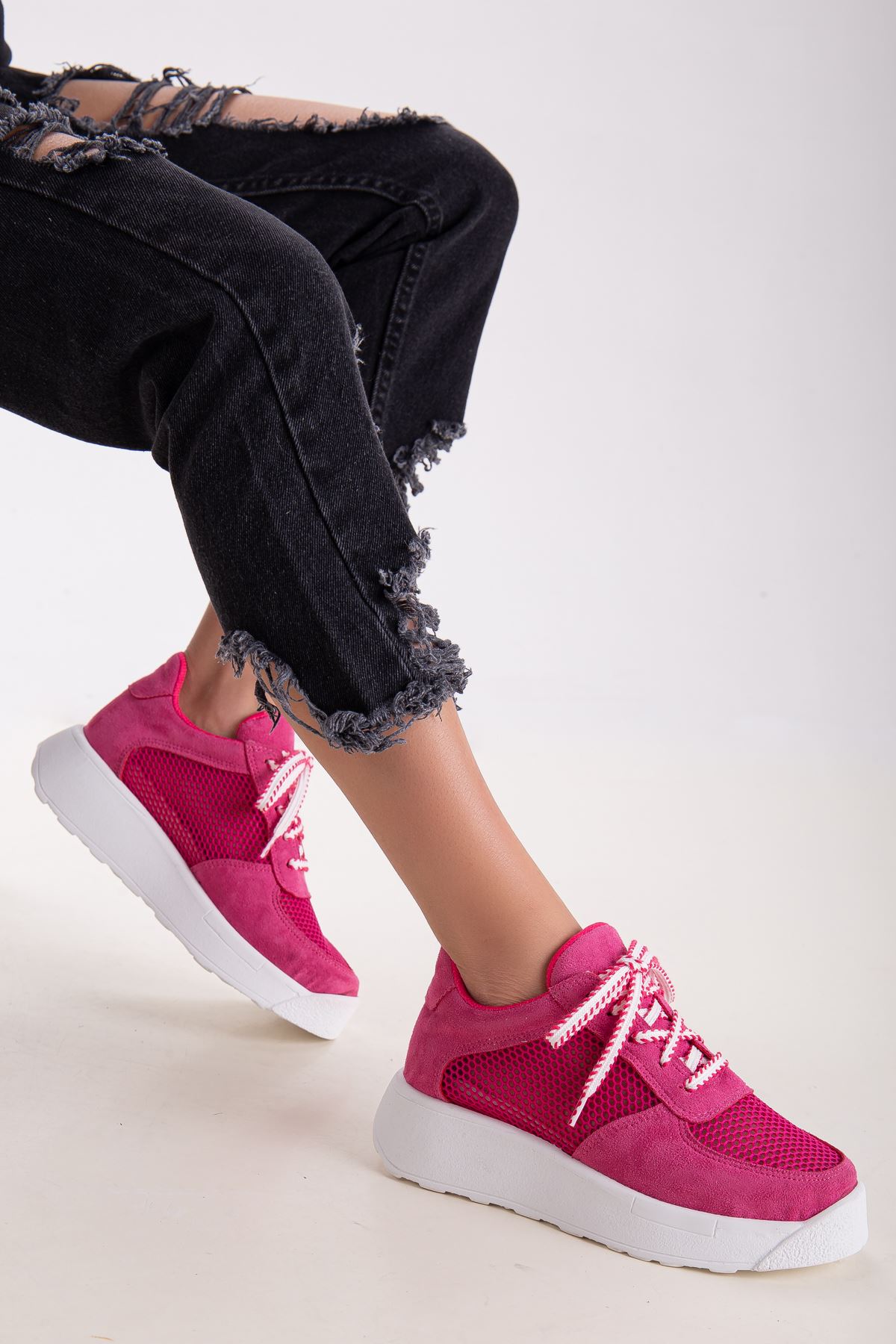 Freemax Kadın  Yazlık Fileli Spor Sneaker Yürüyüş Hafif Rahat Ayakkabı H30 Fuşya