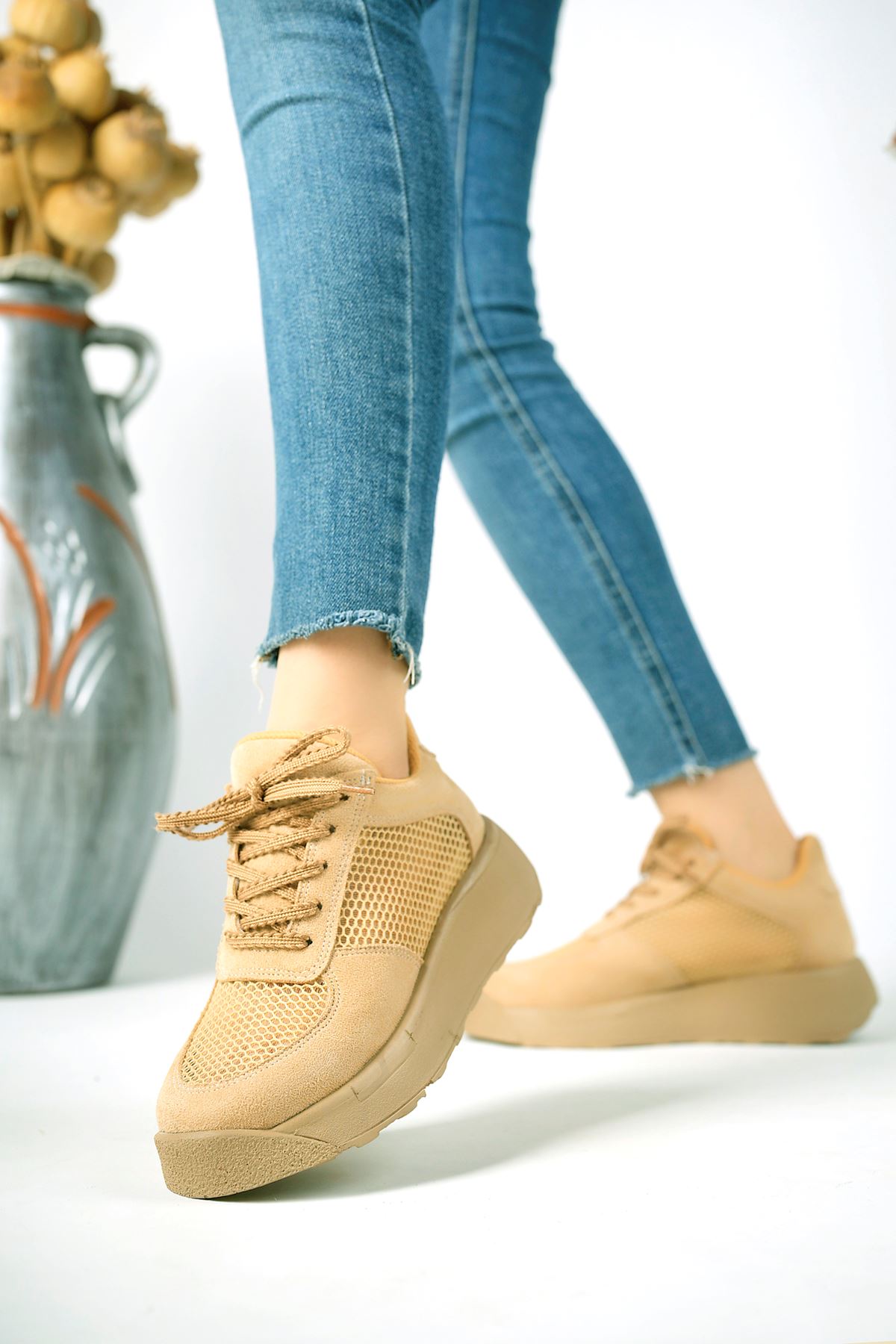 Freemax Kadın  Yazlık Fileli Spor Sneaker Yürüyüş Hafif Rahat Ayakkabı H30 CAMEL
