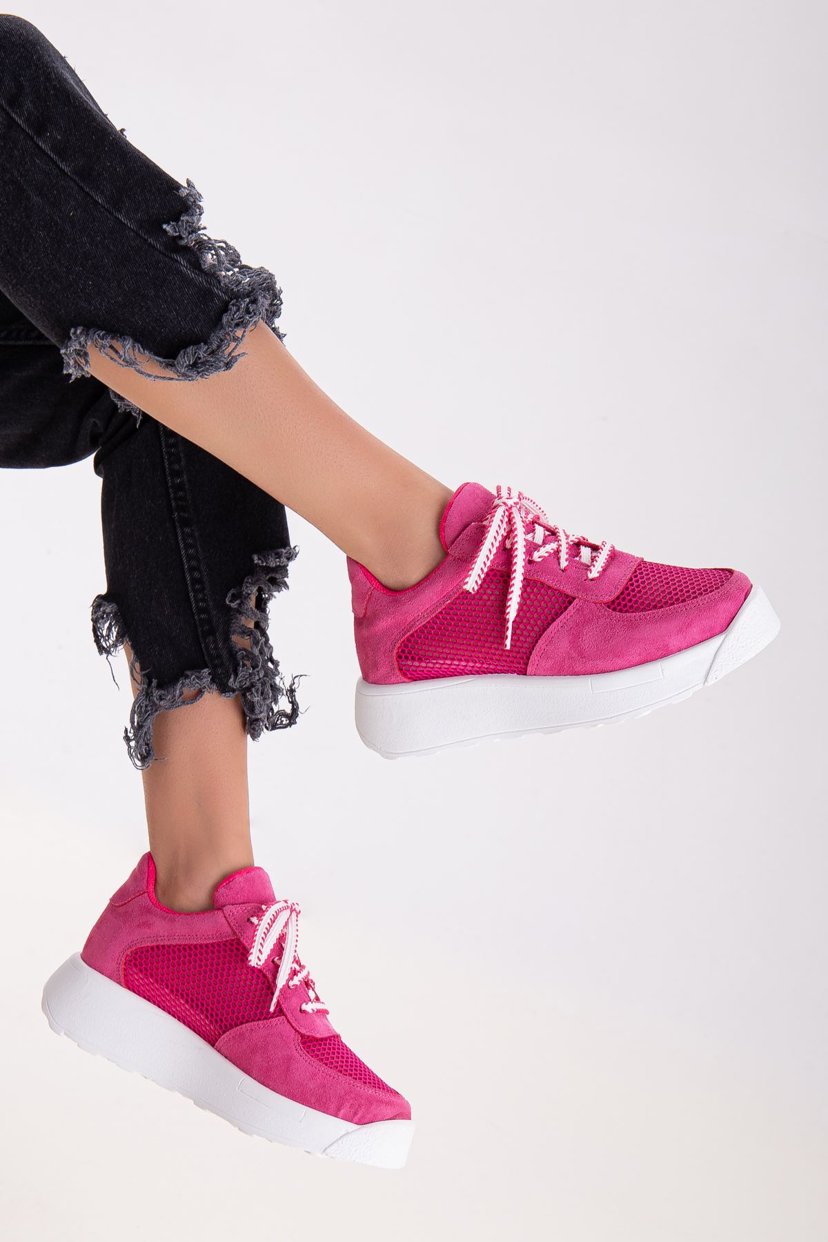 Freemax Kadın  Yazlık Fileli Spor Sneaker Yürüyüş Hafif Rahat Ayakkabı H30 Fuşya