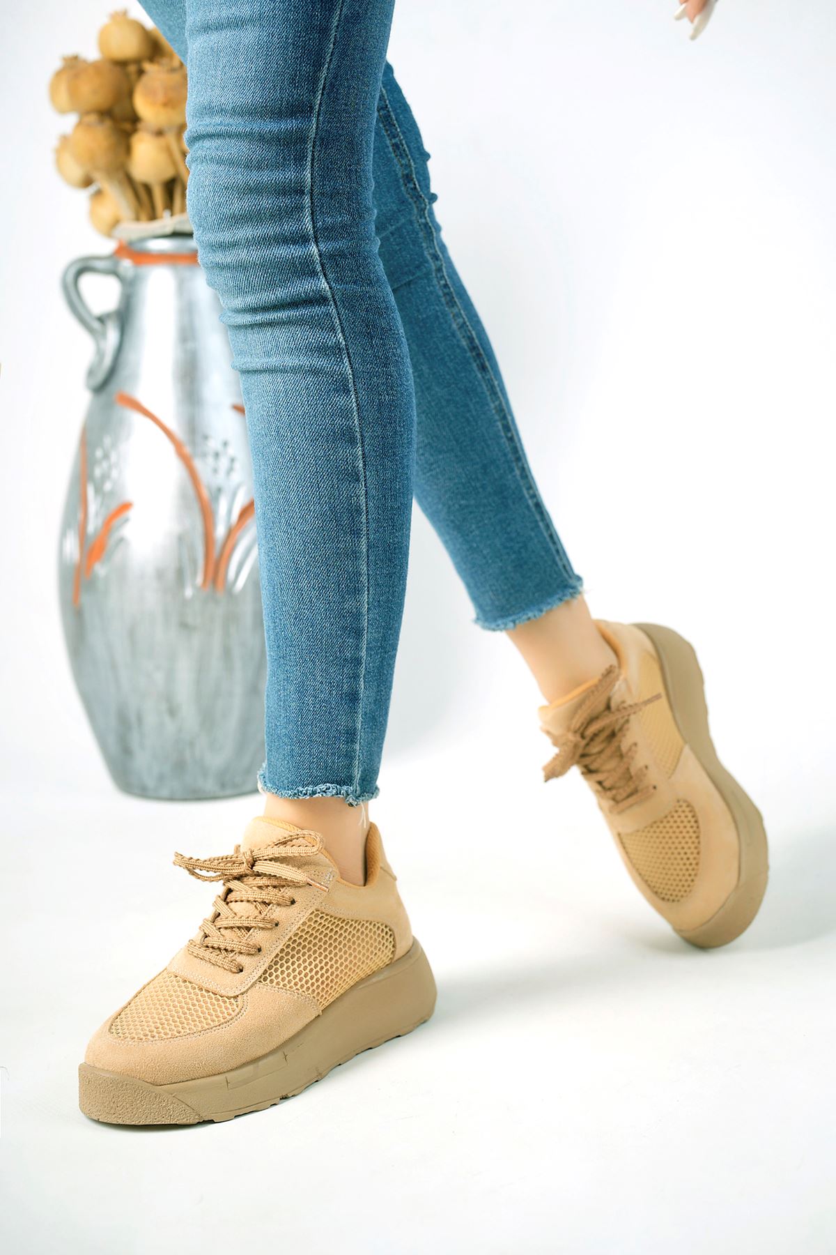 Freemax Kadın  Yazlık Fileli Spor Sneaker Yürüyüş Hafif Rahat Ayakkabı H30 CAMEL