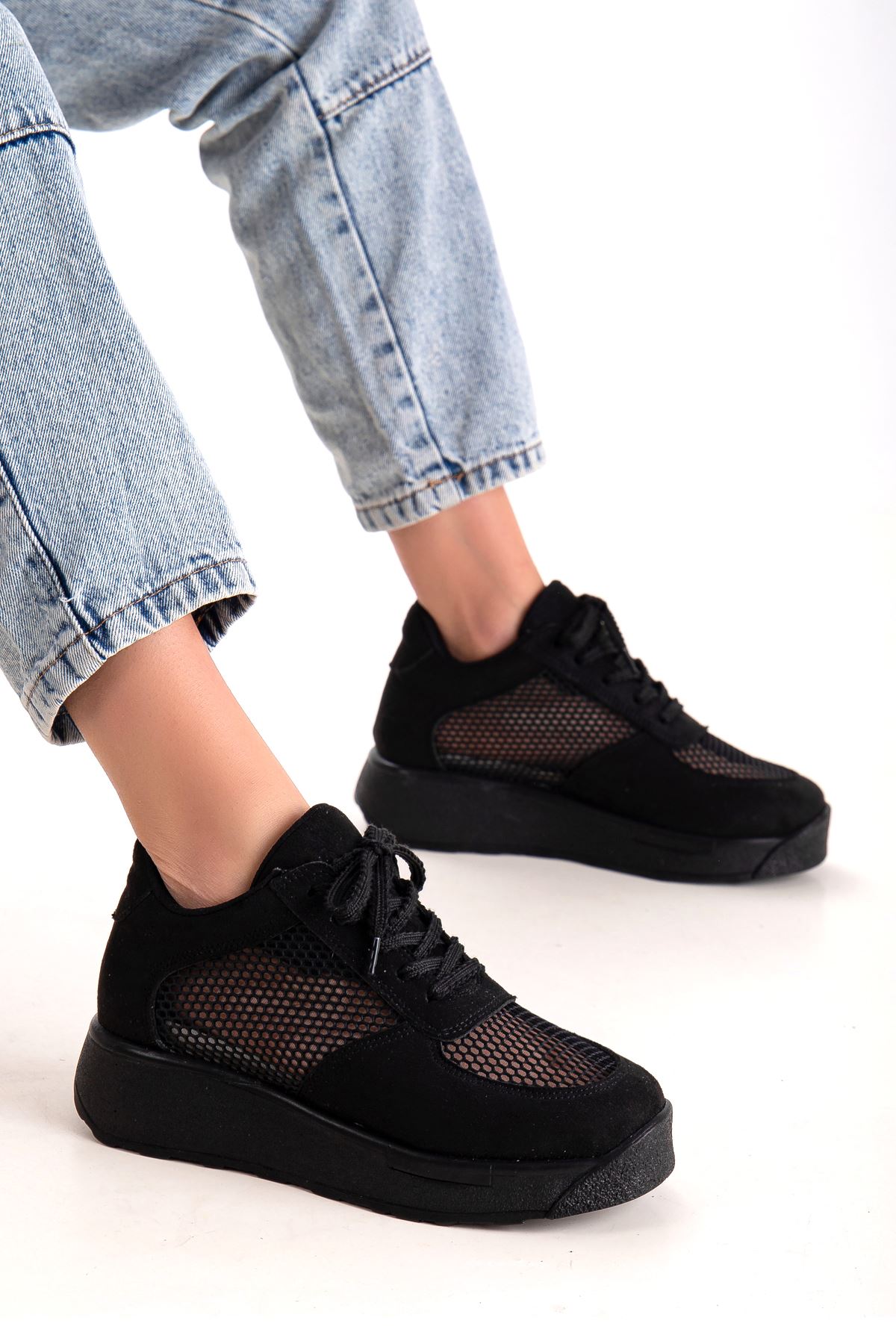 Freemax Kadın  Yazlık Fileli Spor Sneaker Yürüyüş Hafif Rahat Ayakkabı H30 Siyah