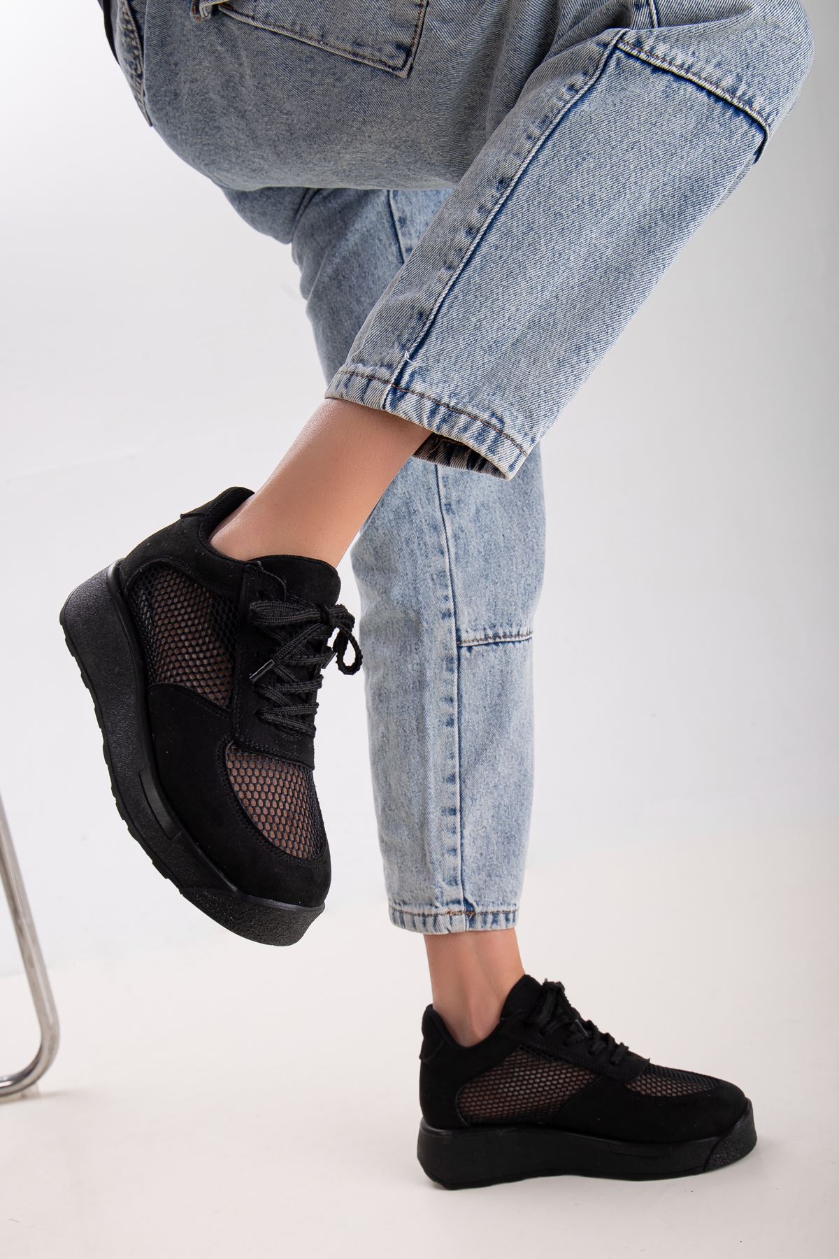 Freemax Kadın  Yazlık Fileli Spor Sneaker Yürüyüş Hafif Rahat Ayakkabı H30 Siyah