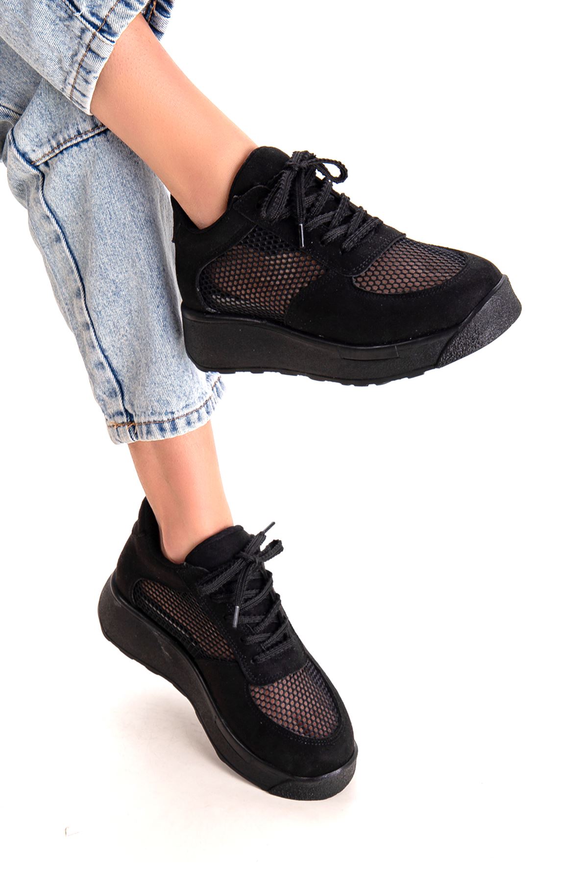 Freemax Kadın  Yazlık Fileli Spor Sneaker Yürüyüş Hafif Rahat Ayakkabı H30 Siyah