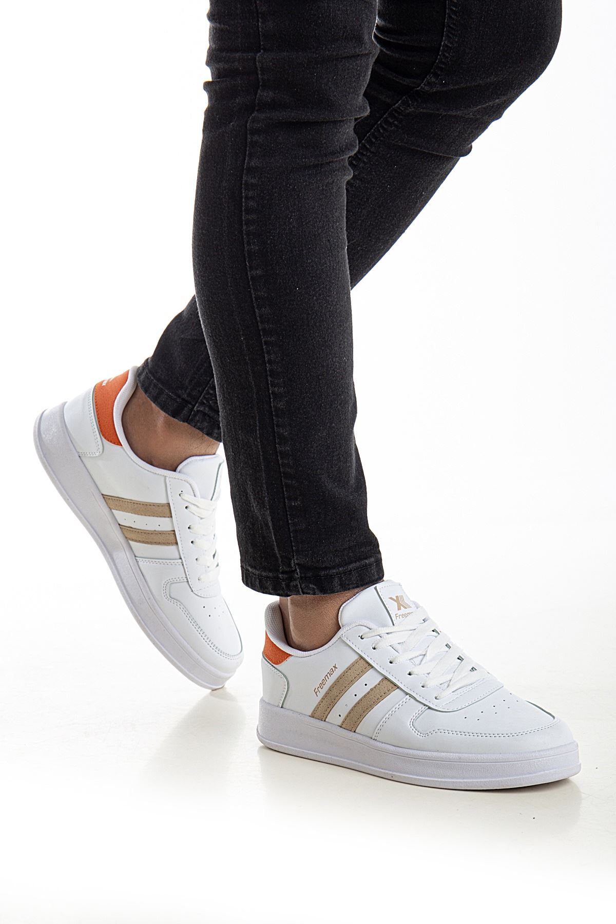 Freemax Unisex Garantili  İç Tabanlık Hafif Esnek Sağlam Sneaker Spor Ayakkabı 2023.178 Beyaz Oranj