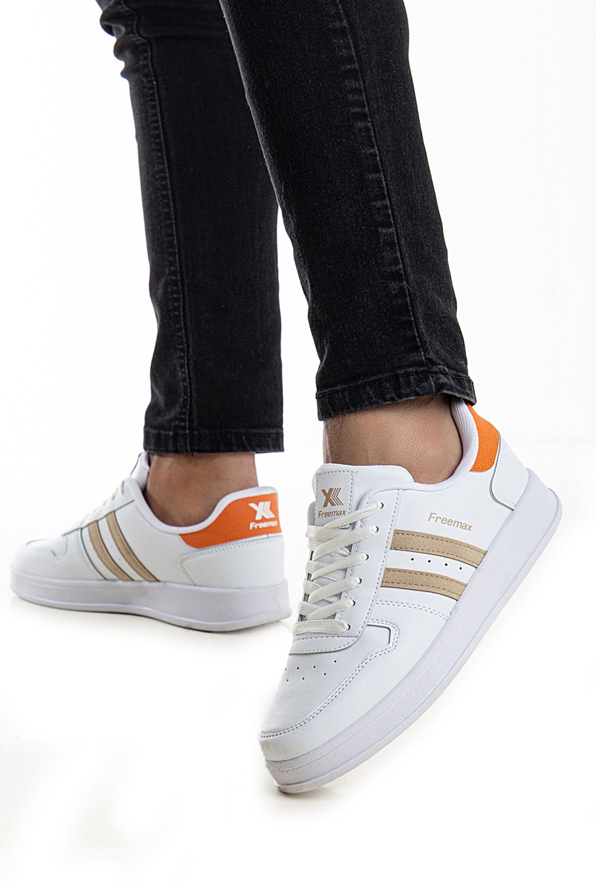 Freemax Unisex Garantili  İç Tabanlık Hafif Esnek Sağlam Sneaker Spor Ayakkabı 2023.178 Beyaz Oranj