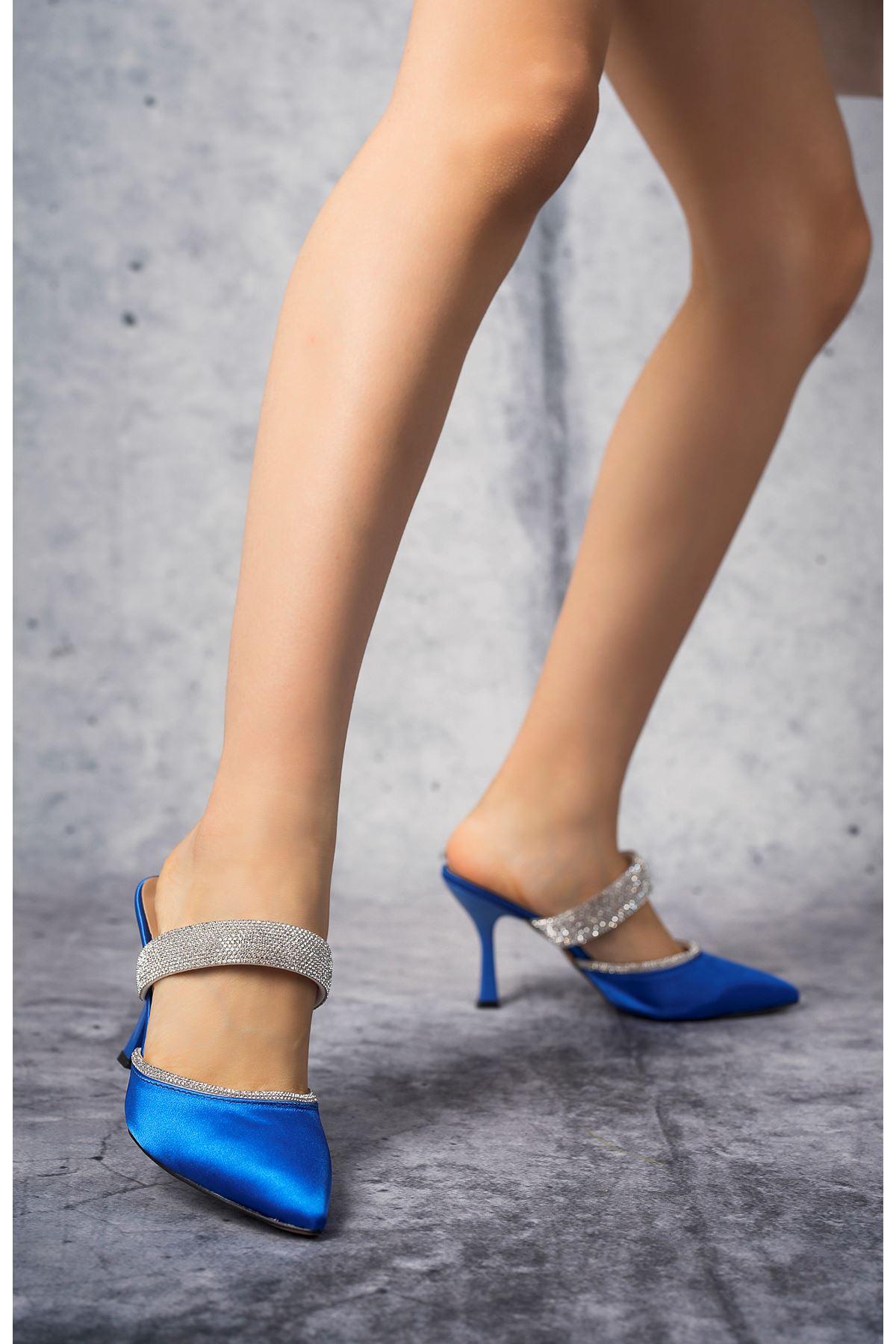 Freemax Kadın 9 cm Yüksek Topuklu Taşlı Klasik Stiletto Abiye Ayakkabı Saks Mavi