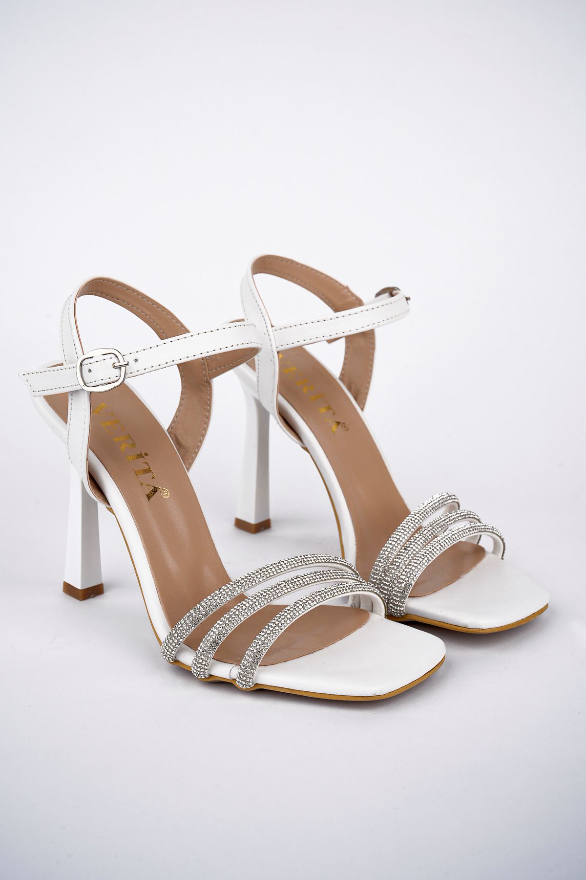 Freemax Kadın 11 cm Yüksek Topuklu Taşlı Klasik Abiye Ayakkabı Beyaz