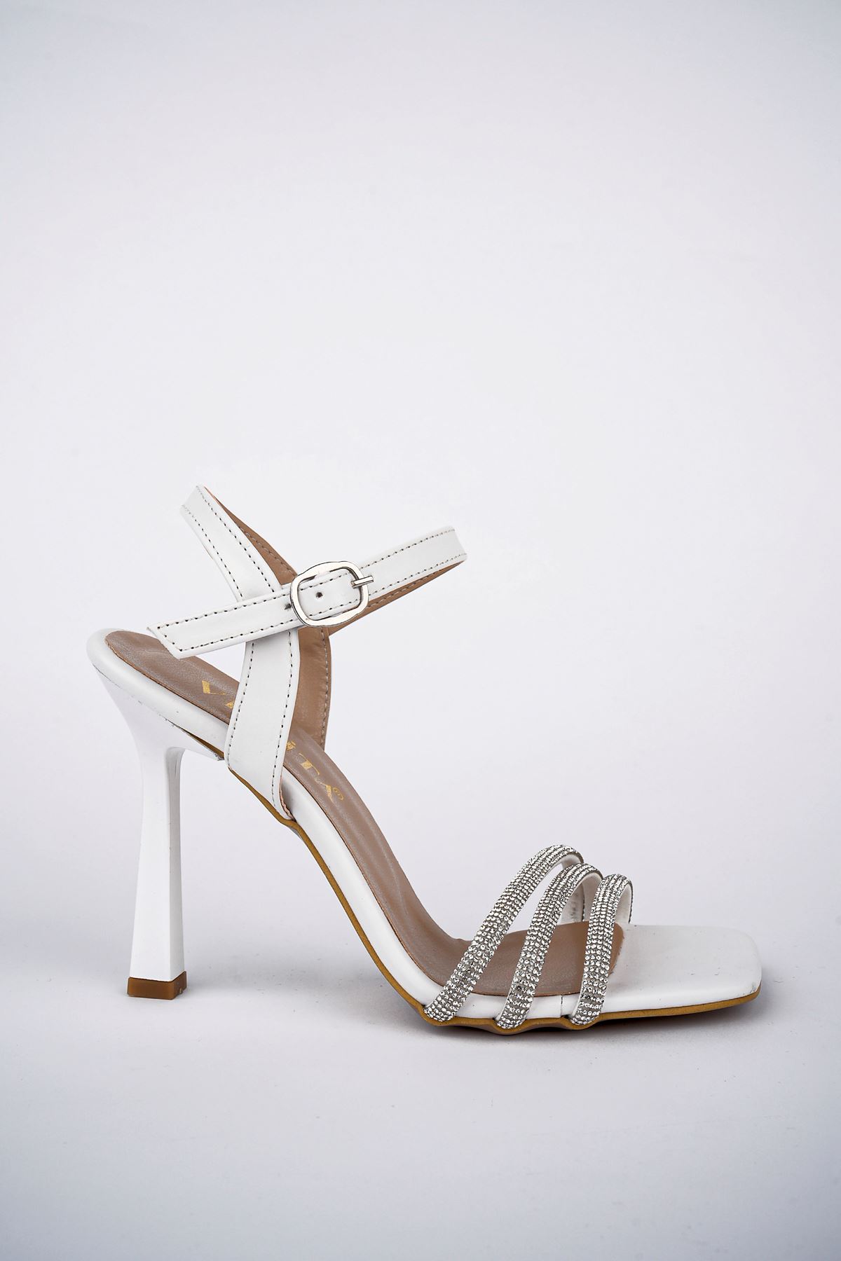 Freemax Kadın 11 cm Yüksek Topuklu Taşlı Klasik Abiye Ayakkabı Beyaz