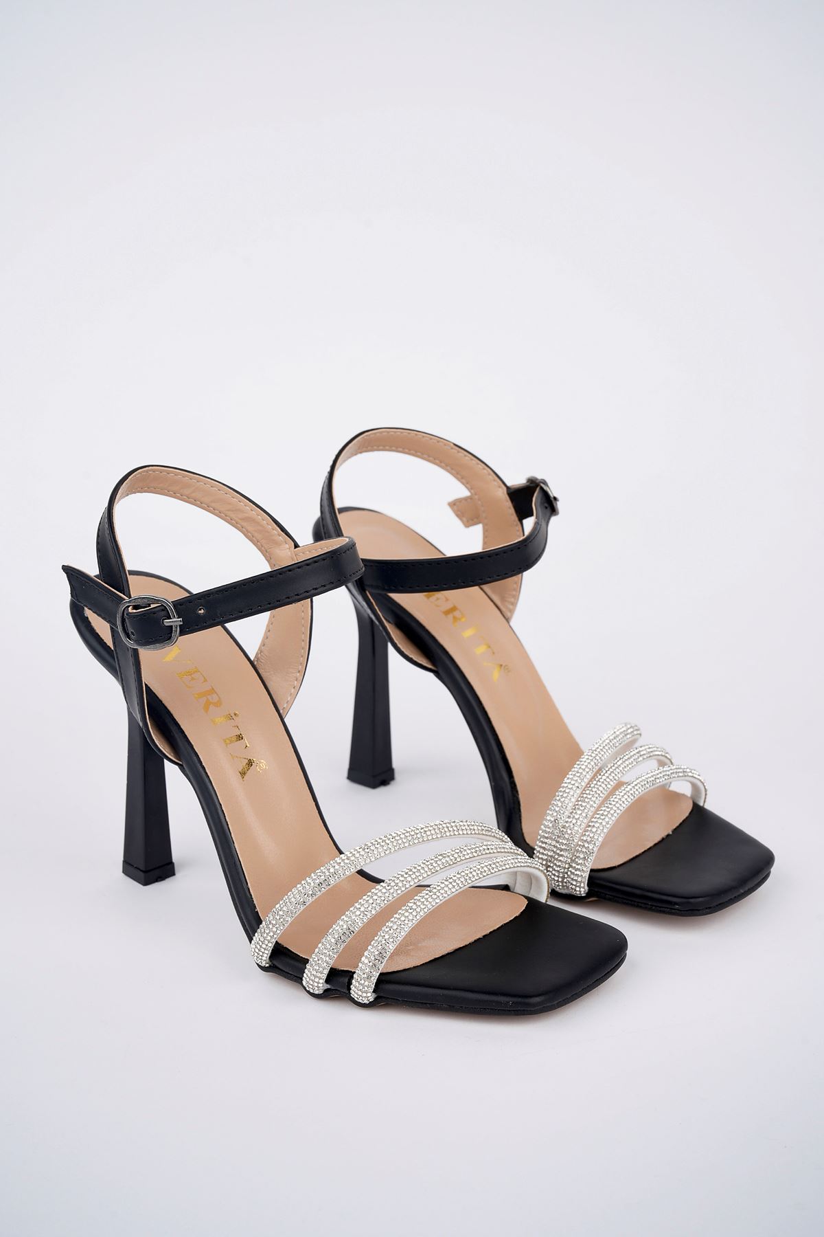 Freemax Kadın 11 cm Yüksek Topuklu Taşlı Klasik Abiye Ayakkabı Siyah