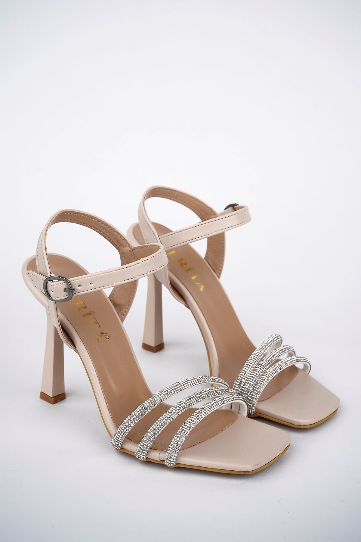 Freemax Kadın 11 cm Yüksek Topuklu Taşlı Klasik Abiye Ayakkabı Ten