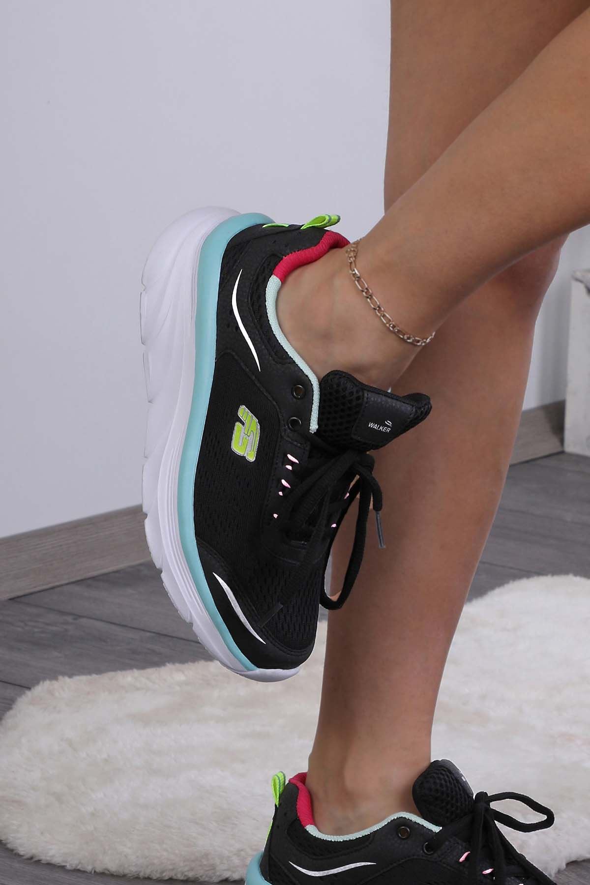 Freemax Garantili  Hafif Esnek Sneaker Spor Ayakkabı SKEC.9001 Siyah Su Yeşili