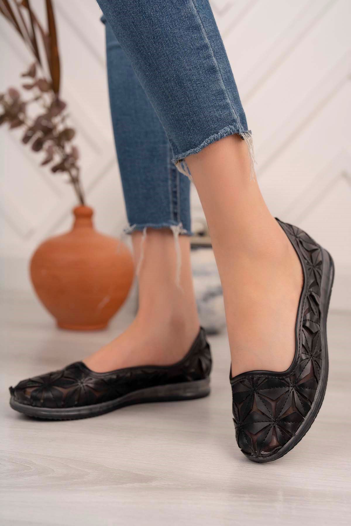 Freemax Kadın Spor Babet Tül Detay desenli Günlük Hafif Rahat Ayakkabı Snr 014 Siyah