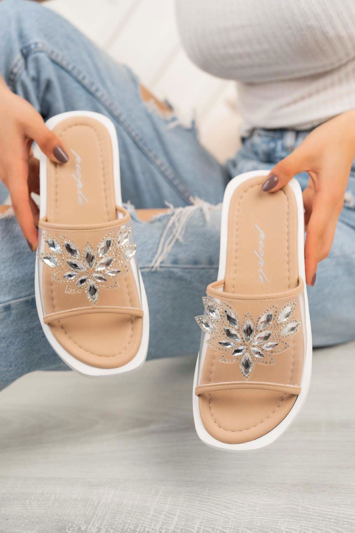 Freemax Kadın Garantili  Taşlı Terlik Ppl.5050 Nut