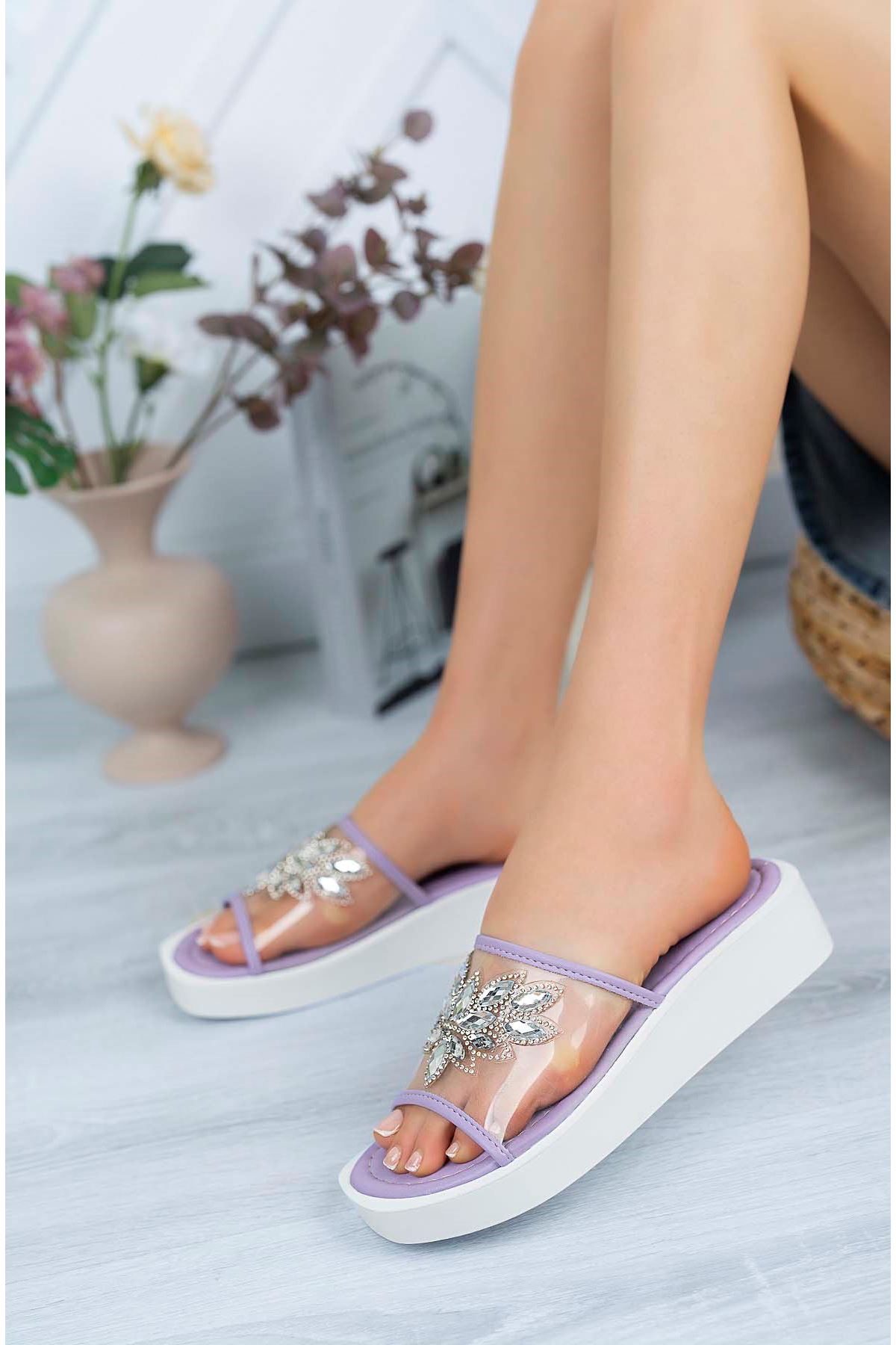 Freemax Kadın Garantili  Taşlı Terlik Ppl.5050 Lila