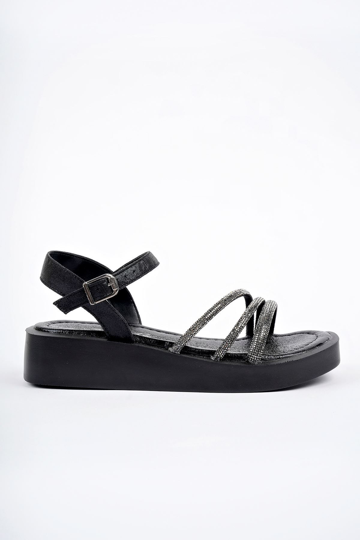Freemax Kadın Garantili Taş Detaylı Günlük Hafif Eva Taban 4 cm Platform Sandalet Ppl.7010 Siyah