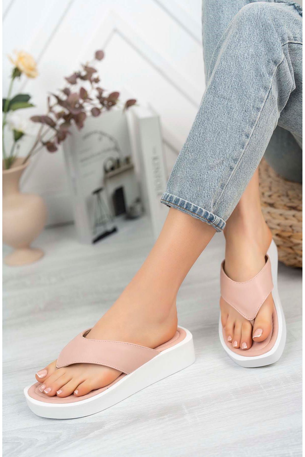Freemax Kadın Garantili Hafif Esnek Poli Flatform Taban Parmak Arası Günlük Terlik PPL 5000 Pudra