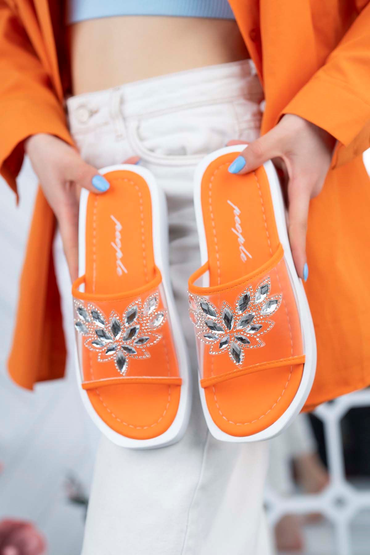 Freemax Kadın Garantili  Taşlı Terlik Ppl.5050 Orange