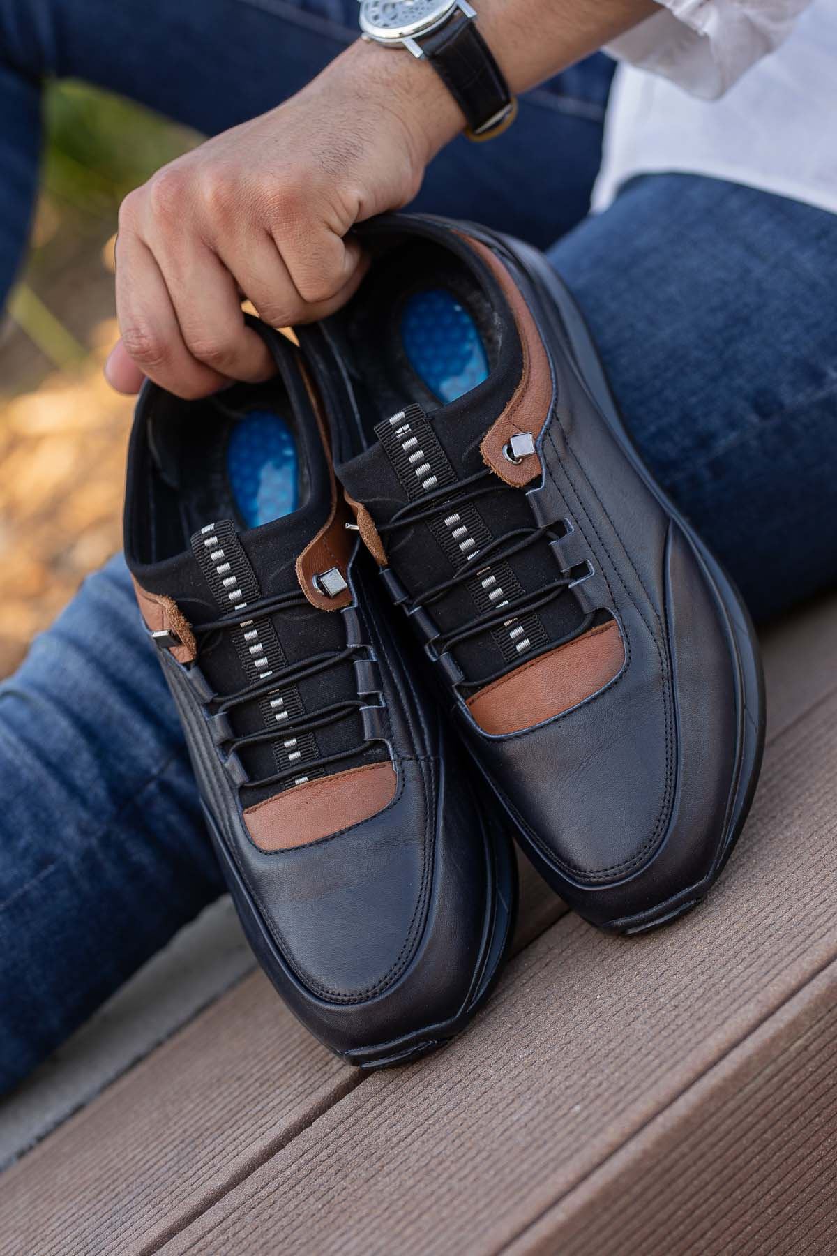 Freemax Erkek İç Dış Hakiki Deri Hafif Poli Taban  Jel İç Taban Spor Sneaker Ayakkabıı THT HD 2216 Lacivert Taba