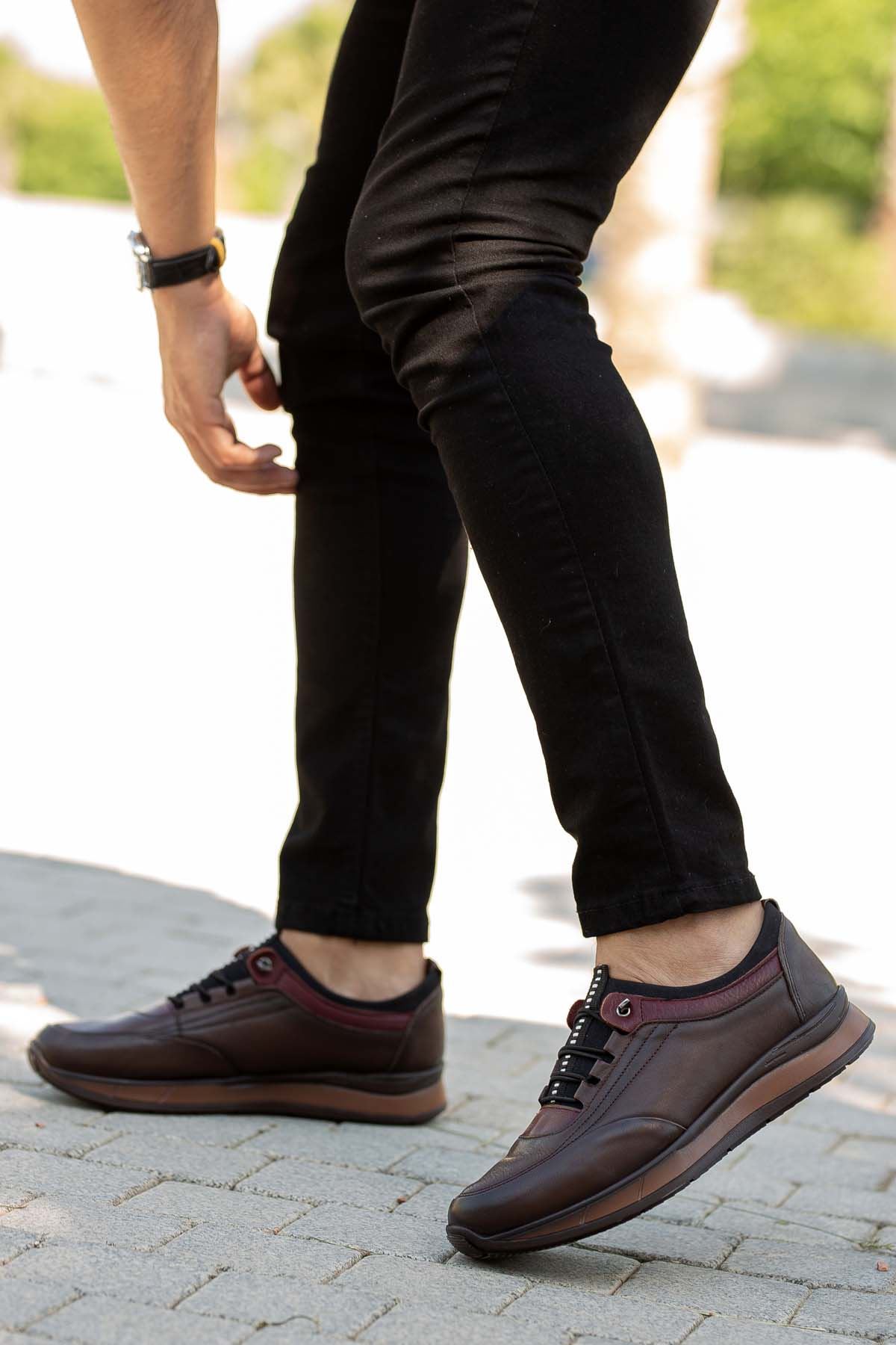 Freemax Erkek İç Dış Hakiki Deri Hafif Poli Taban  Jel İç Taban Spor Sneaker Ayakkabıı THT HD 2216 Kahve Bordo