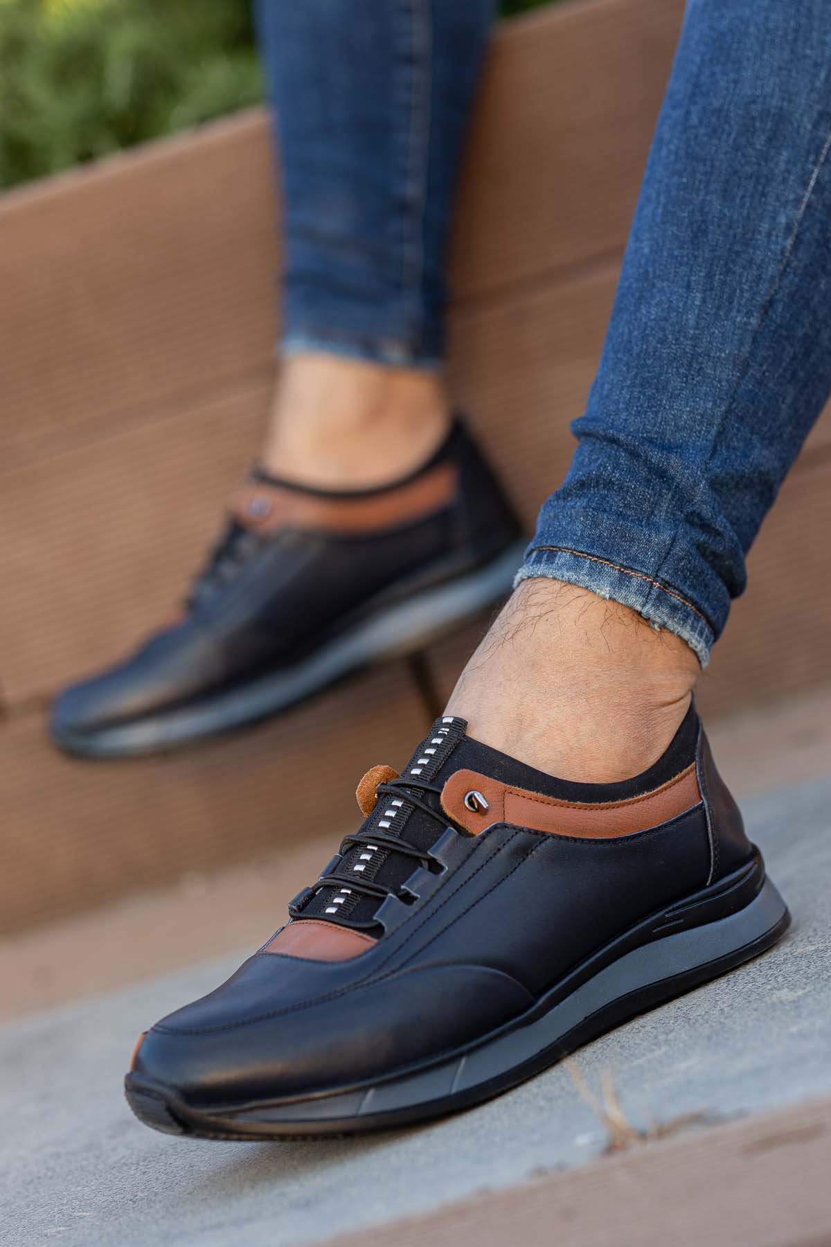 Freemax Erkek İç Dış Hakiki Deri Hafif Poli Taban  Jel İç Taban Spor Sneaker Ayakkabıı THT HD 2216 Lacivert Taba