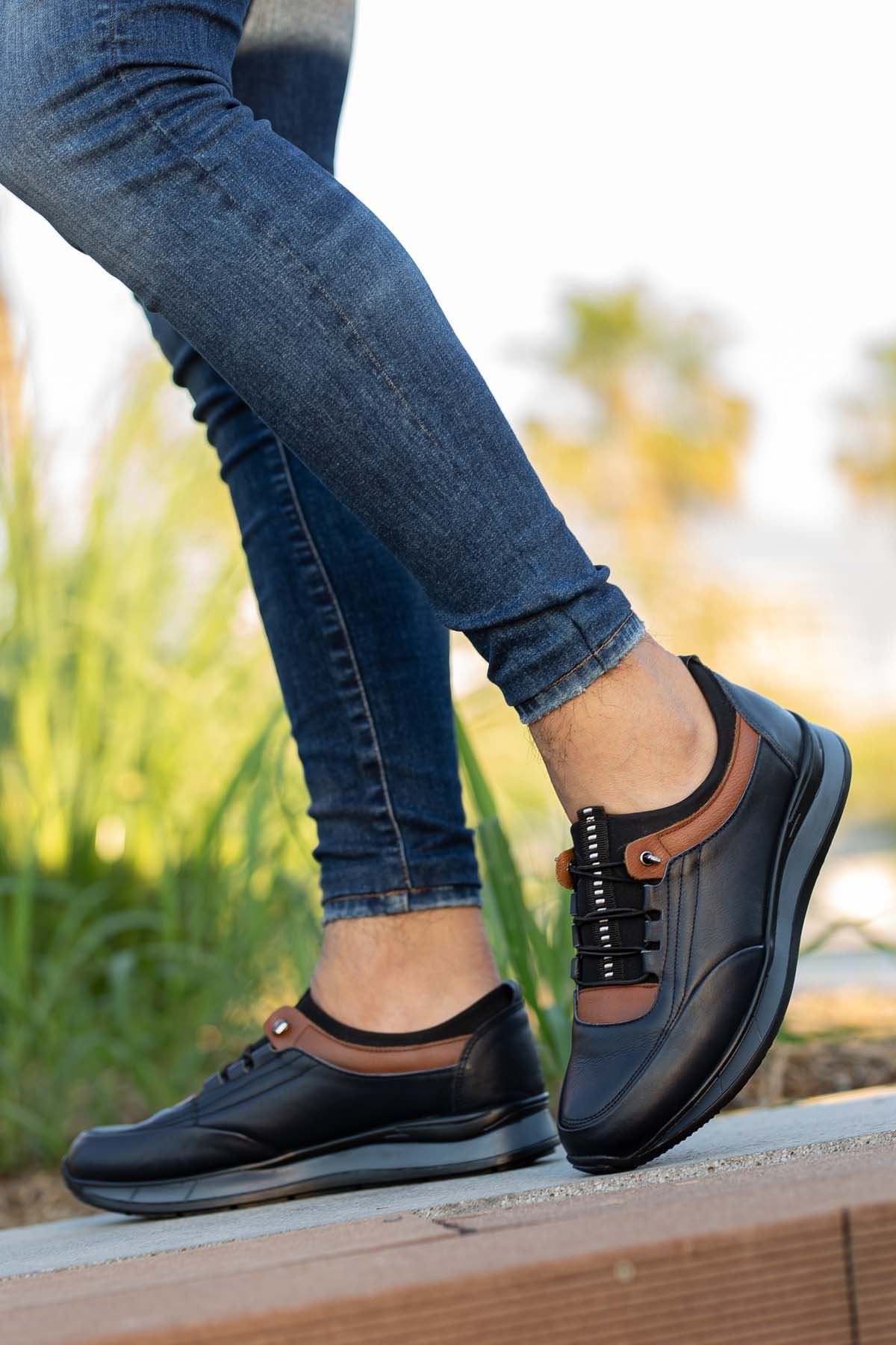 Freemax Erkek İç Dış Hakiki Deri Hafif Poli Taban  Jel İç Taban Spor Sneaker Ayakkabıı THT HD 2216 Lacivert Taba