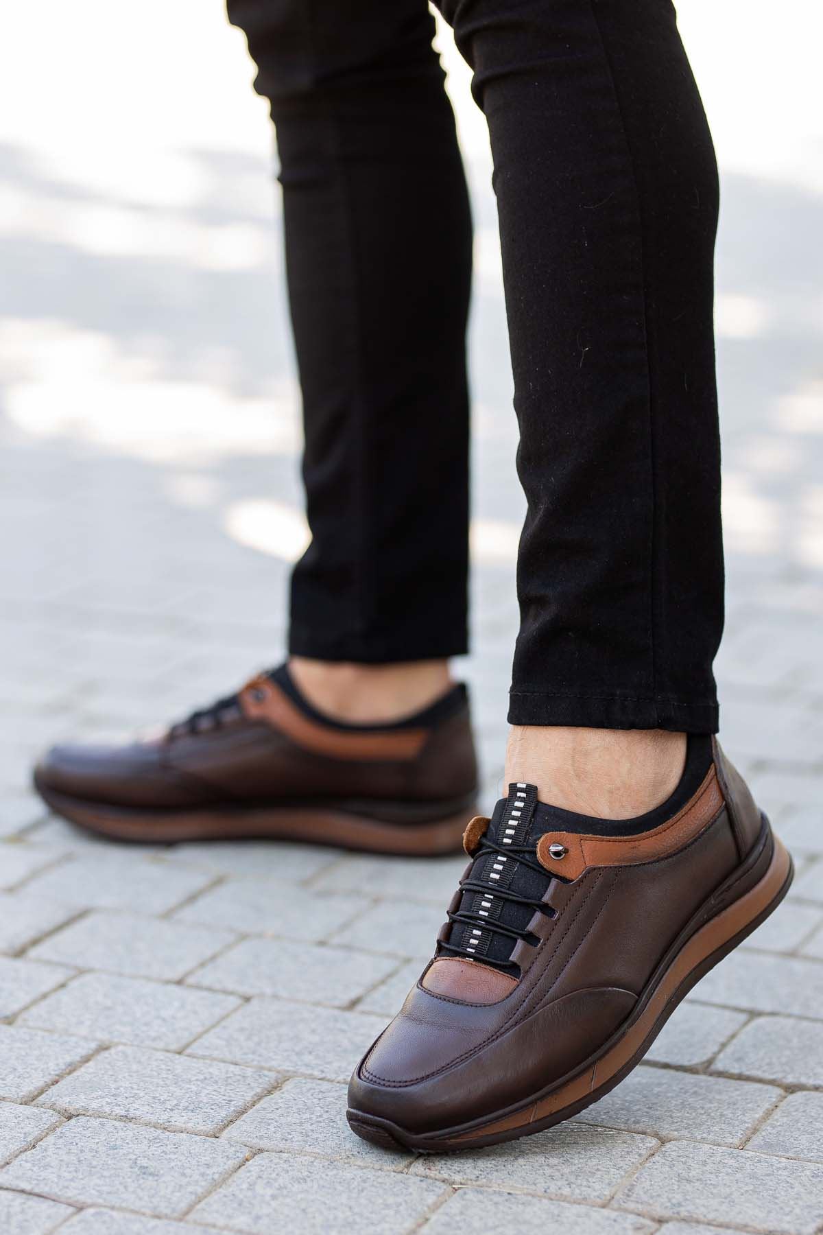 Freemax Erkek İç Dış Hakiki Deri Hafif Poli Taban  Jel İç Taban Spor Sneaker Ayakkabıı THT HD 2216 KAHVE TABA