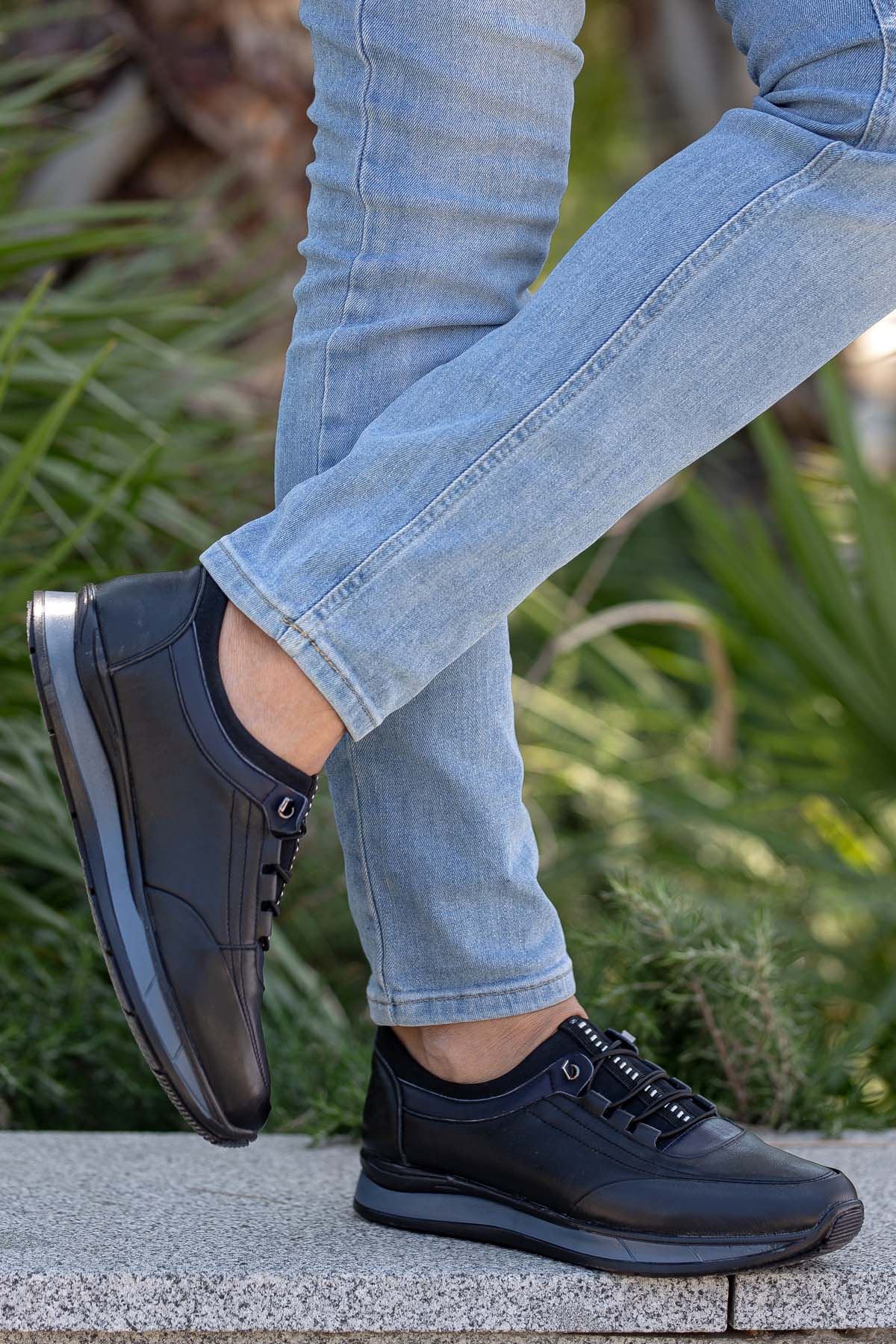 Freemax Erkek İç Dış Hakiki Deri Hafif Poli Taban  Jel İç Taban Spor Sneaker Ayakkabıı THT HD 2216 Siyah Lacivert