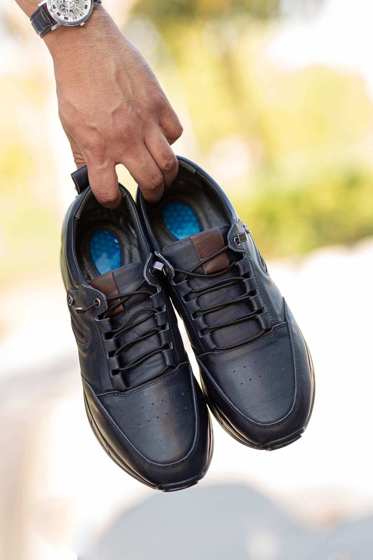 Freemax Erkek İç Dış Hakiki Deri Hafif Poli Taban  Jel İç Taban Spor Sneaker Ayakkabıı THT HD 2217 Lacivert Kahve
