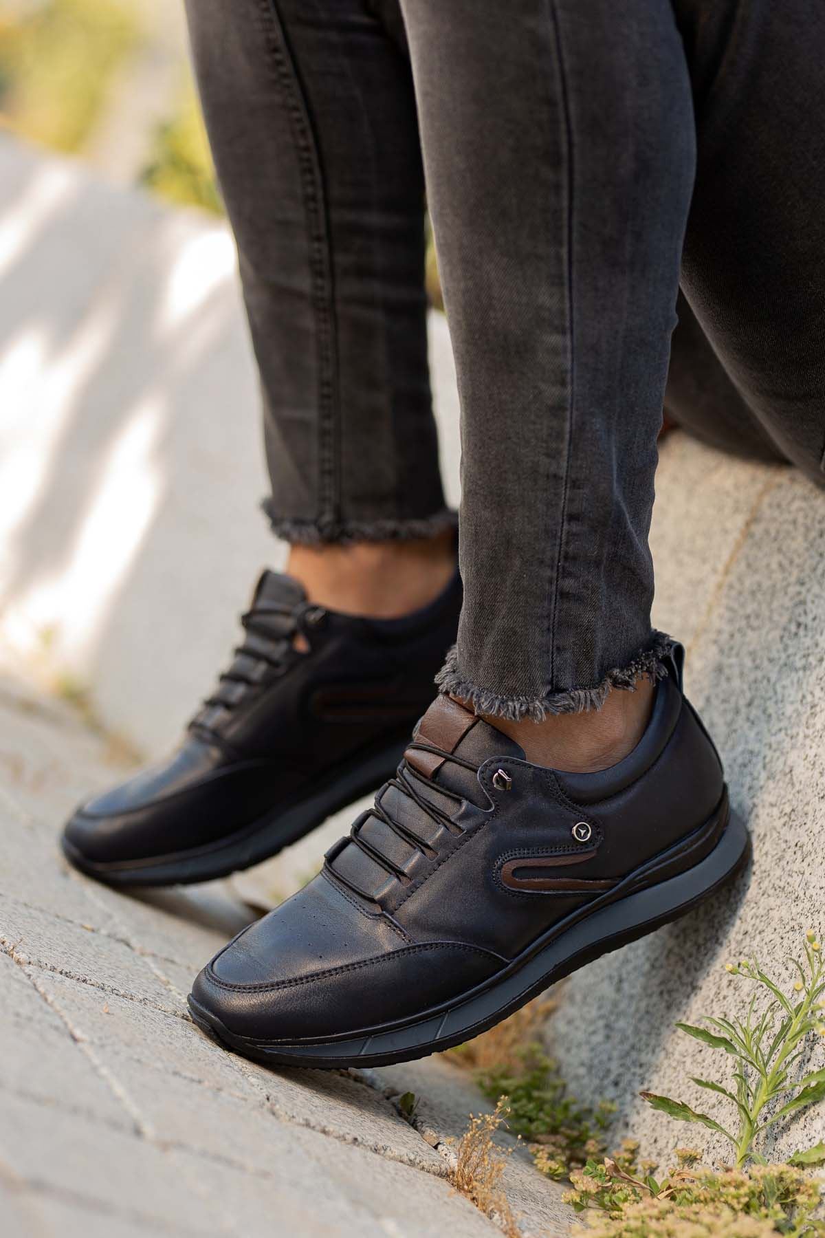 Freemax Erkek İç Dış Hakiki Deri Hafif Poli Taban  Jel İç Taban Spor Sneaker Ayakkabıı THT HD 2217 Lacivert Kahve