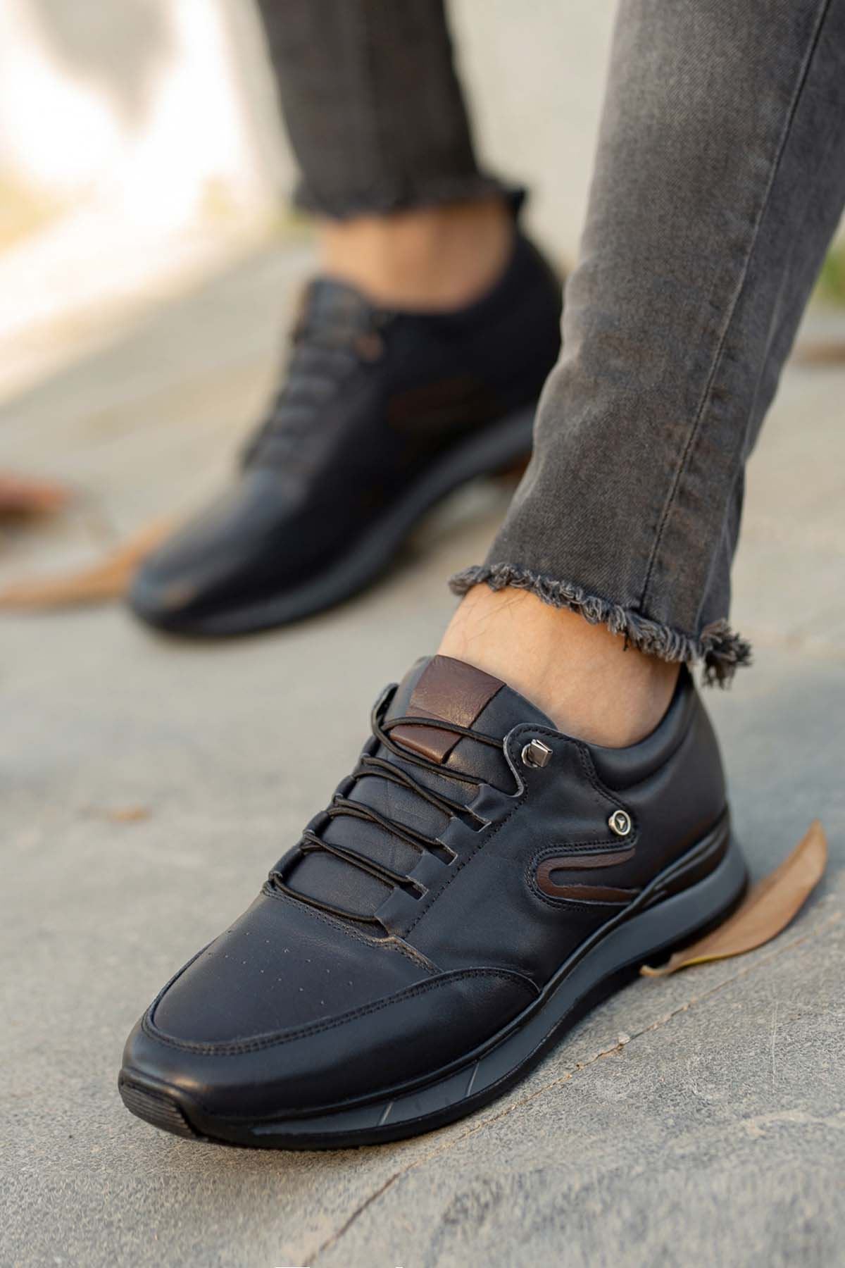 Freemax Erkek İç Dış Hakiki Deri Hafif Poli Taban  Jel İç Taban Spor Sneaker Ayakkabıı THT HD 2217 Lacivert Kahve