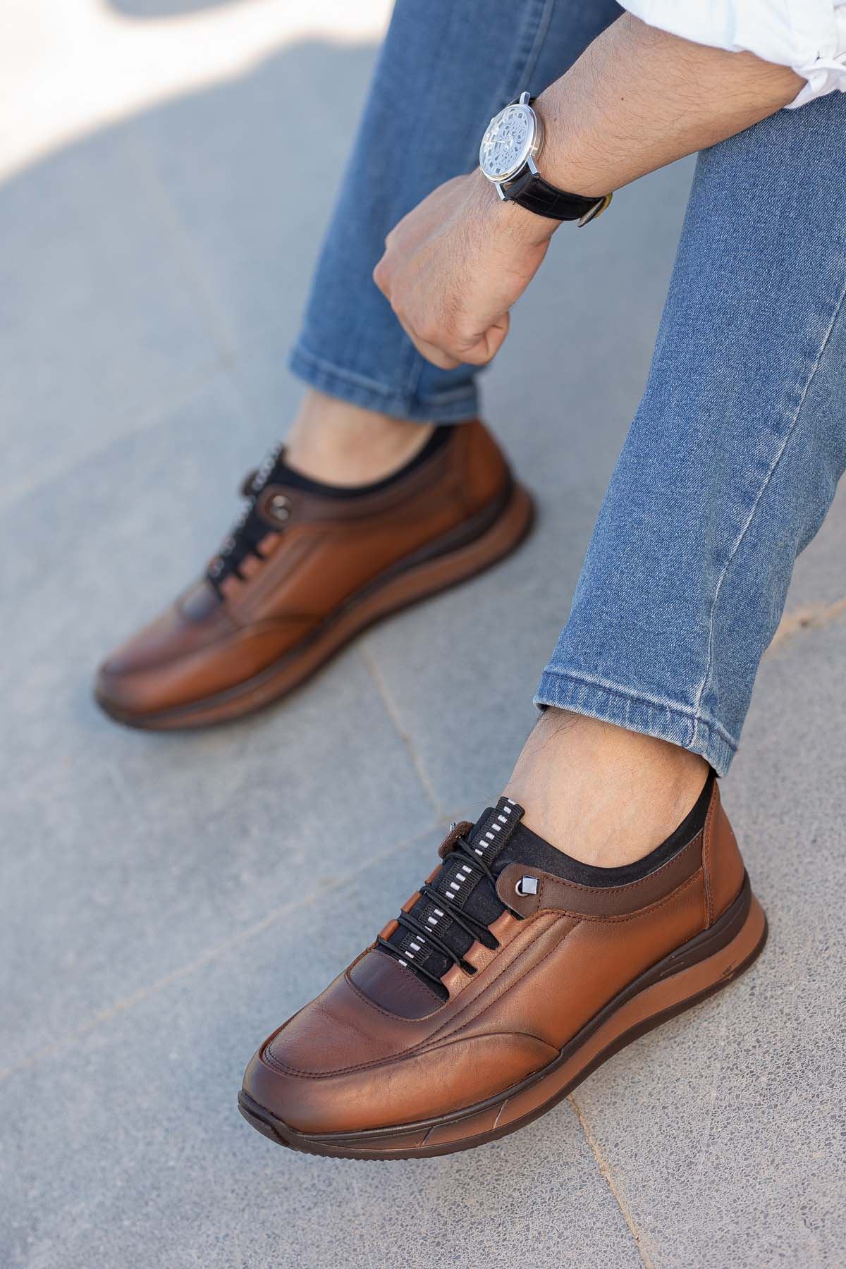 Freemax Erkek İç Dış Hakiki Deri Hafif Poli Taban  Jel İç Taban Spor Sneaker Ayakkabıı THT HD 2216 Taba Kahve