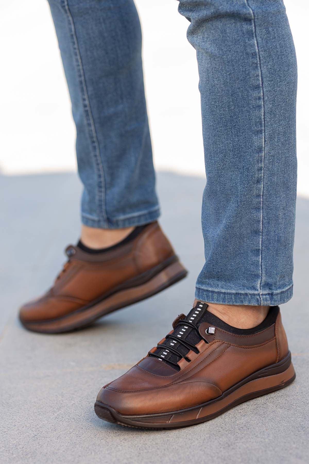 Freemax Erkek İç Dış Hakiki Deri Hafif Poli Taban  Jel İç Taban Spor Sneaker Ayakkabıı THT HD 2216 Taba Kahve