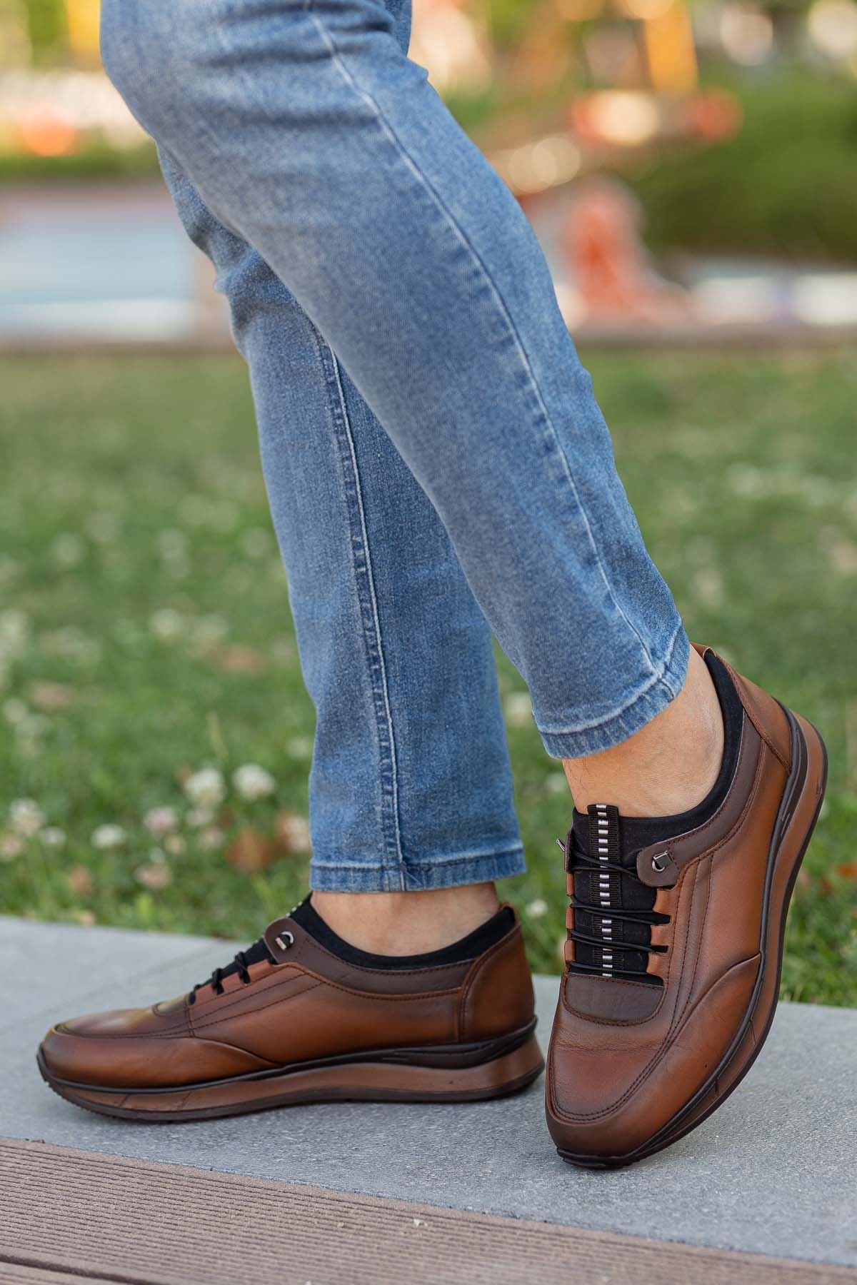 Freemax Erkek İç Dış Hakiki Deri Hafif Poli Taban  Jel İç Taban Spor Sneaker Ayakkabıı THT HD 2216 Taba Kahve