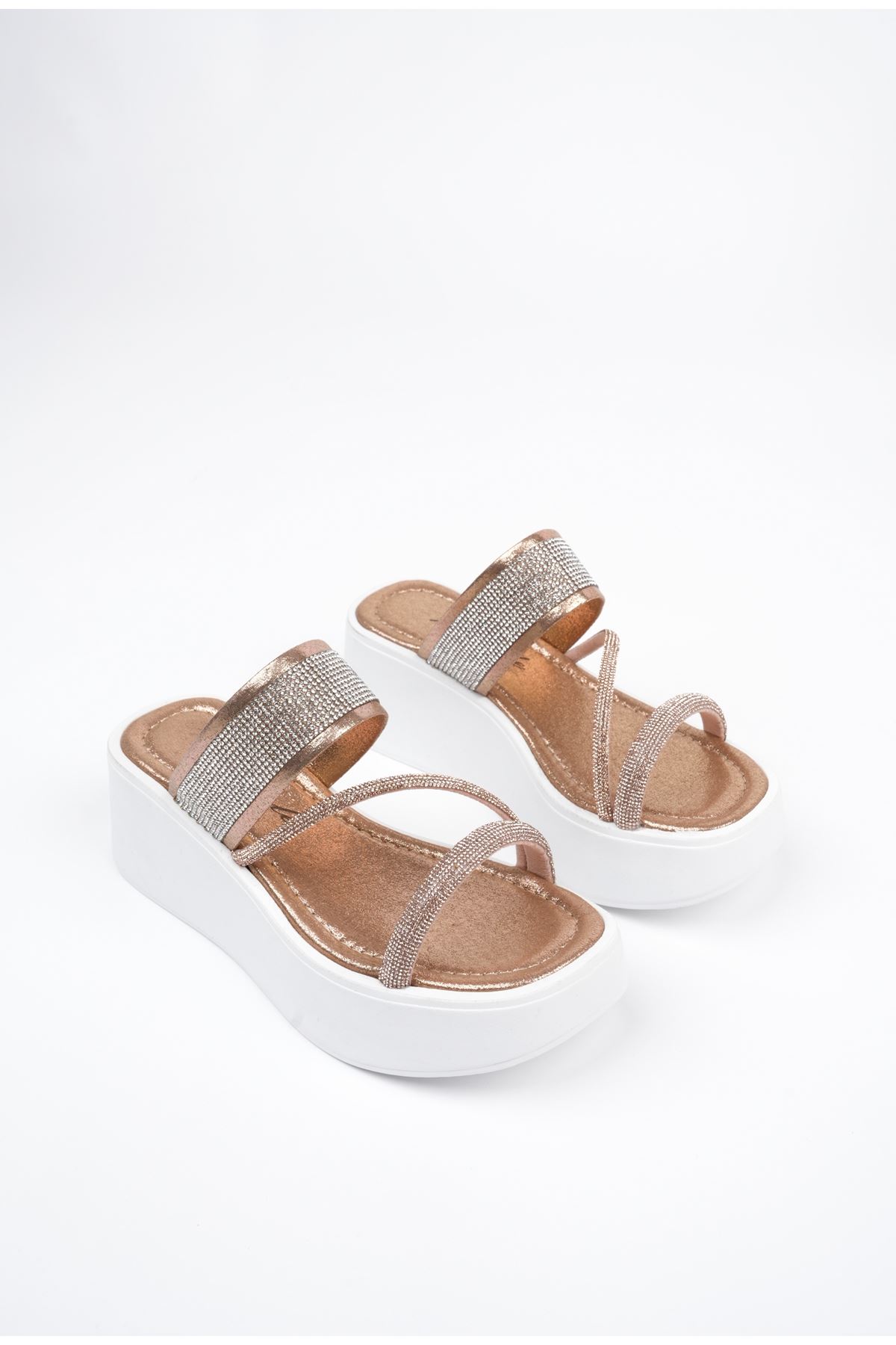 Freemax Kadın Garantili Taş Detay 6 cm Platform Günlük Yüksek Eva Taban Dolgu Topuk Terlik Dore