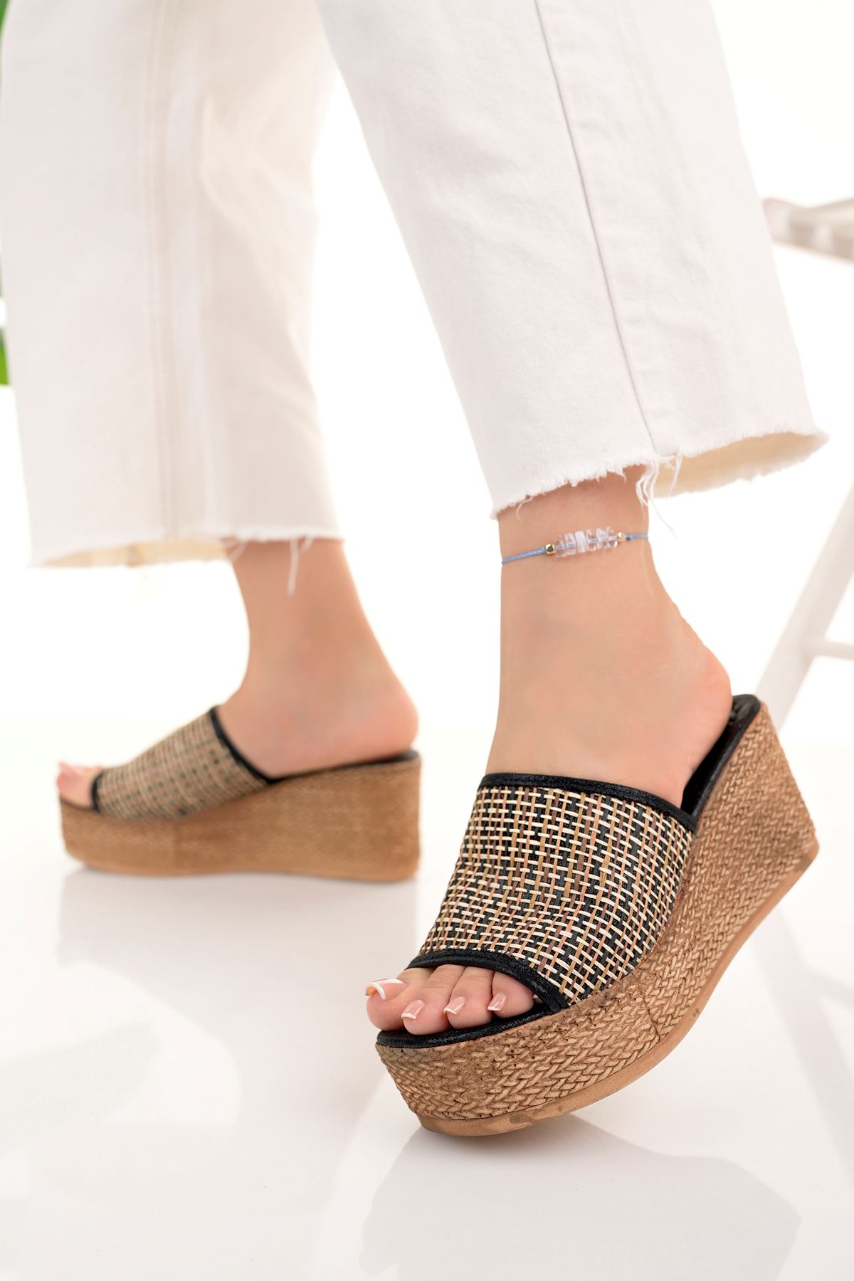 Freemax Kadın Garantili  7 cm Yüksek Topuk Platform taban Terlik Ppl.2002 Siyah