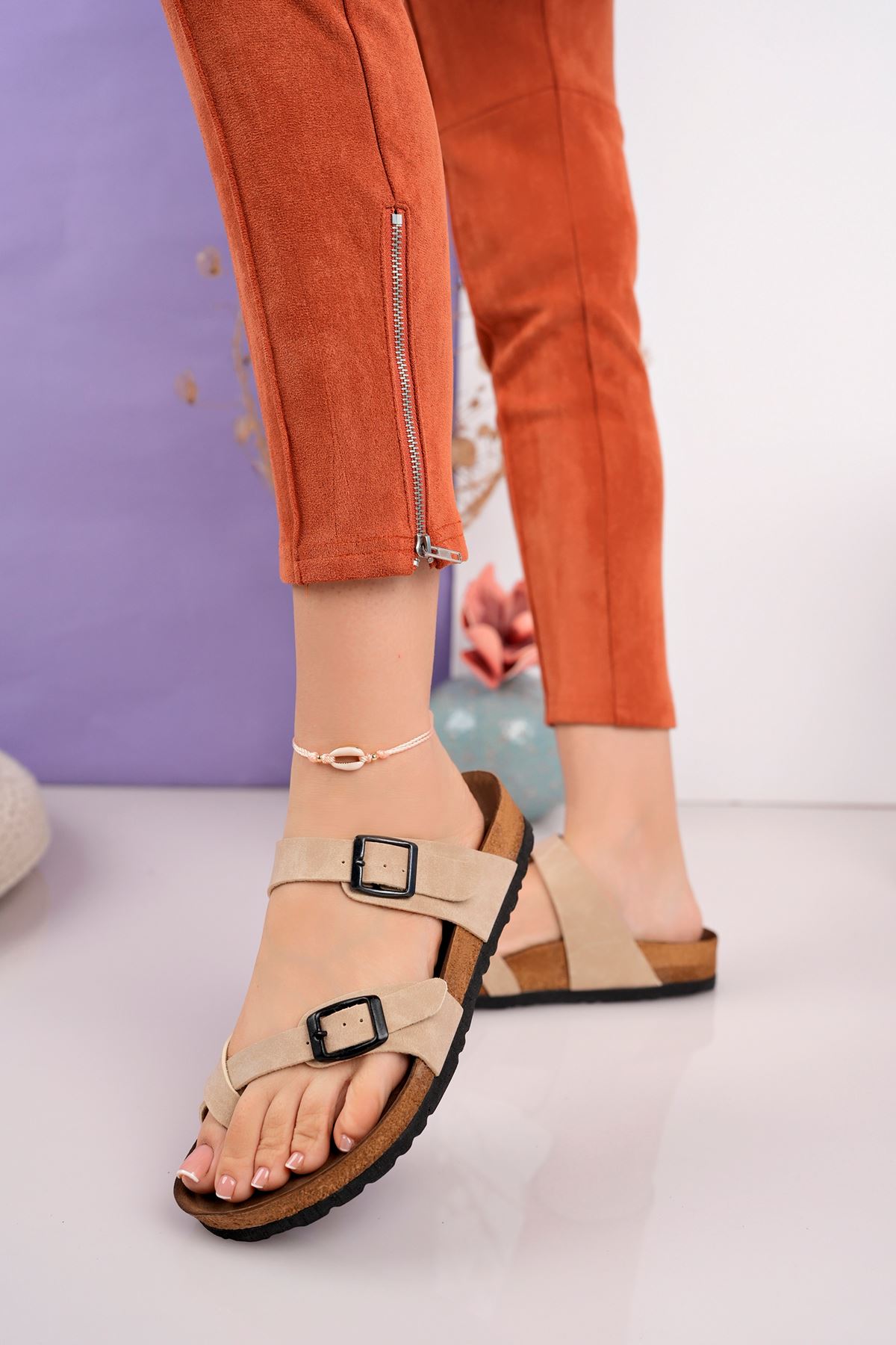 Freemax Kadın Garantili Çapraz Parmak Arası Mayari Yazlık Günlük Birken Terlik ppl 4096 Bej